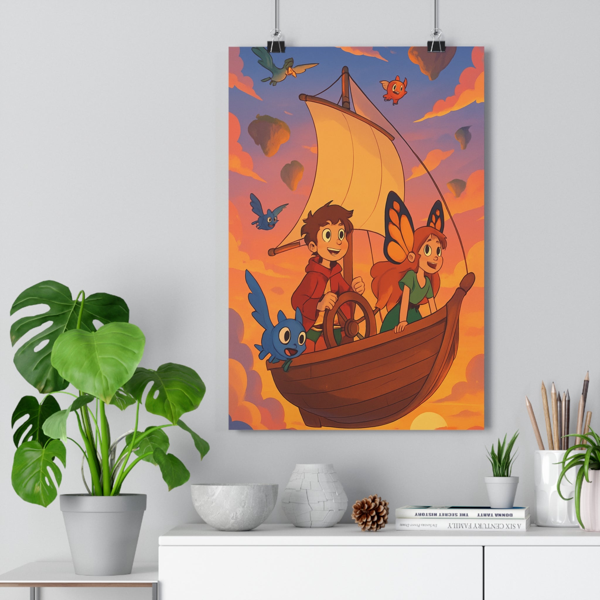 Poster décoratif aventure fantastique ciel rose orange anime magique joyeux chambre salon enfant rêveur