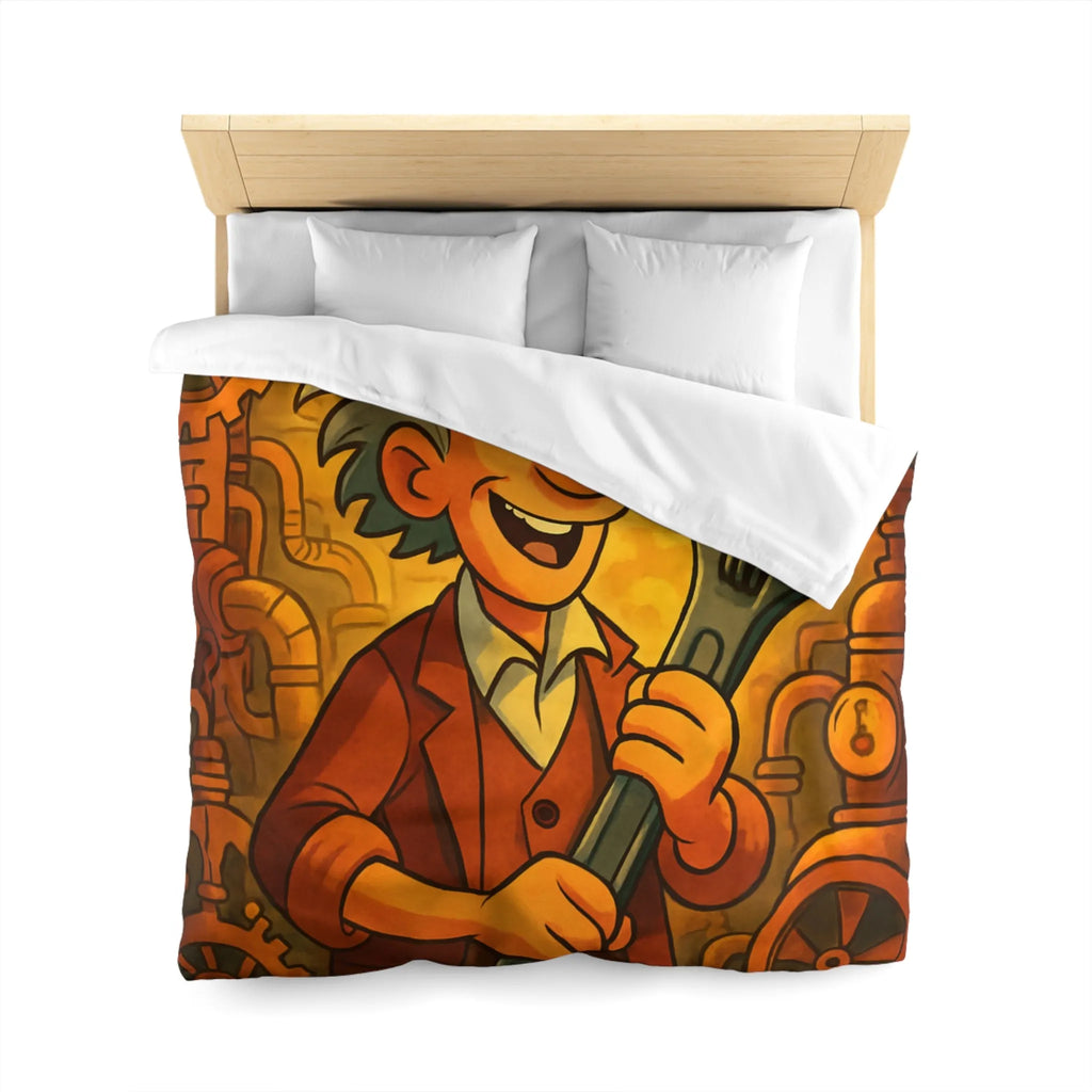 Housse de couette au style rétro avec inventeur animé dans un atelier coloré