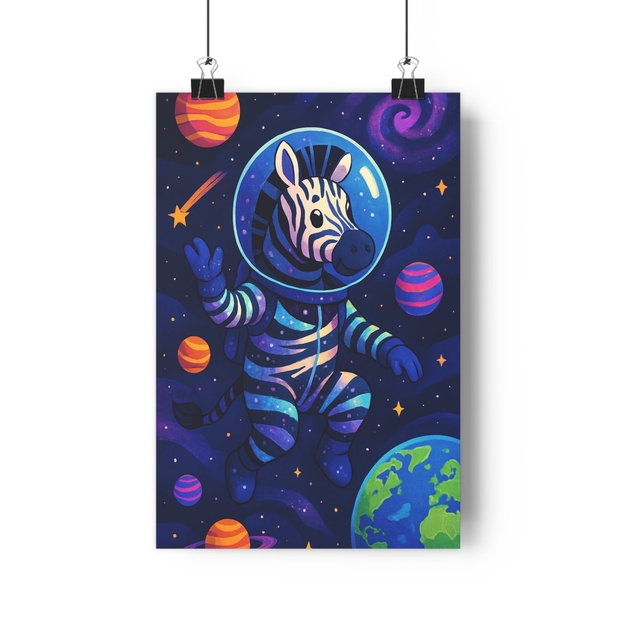 Poster décoratif animé zèbre astronaute espace coloré ludique enfant chambre créatif vibrant 30x46 cm