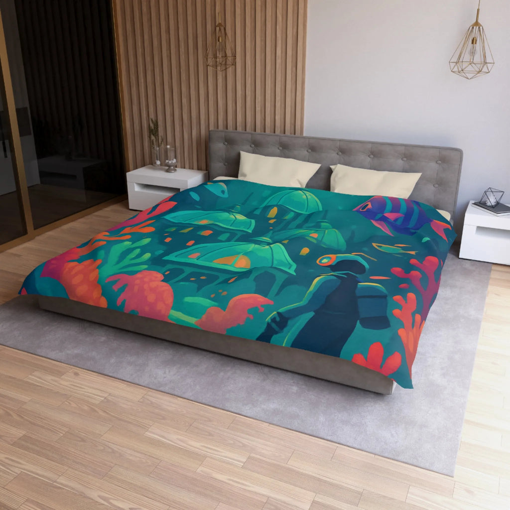 Housse de couette aux couleurs vibrantes inspirée d'une cité sous-marine avec poissons exotiques