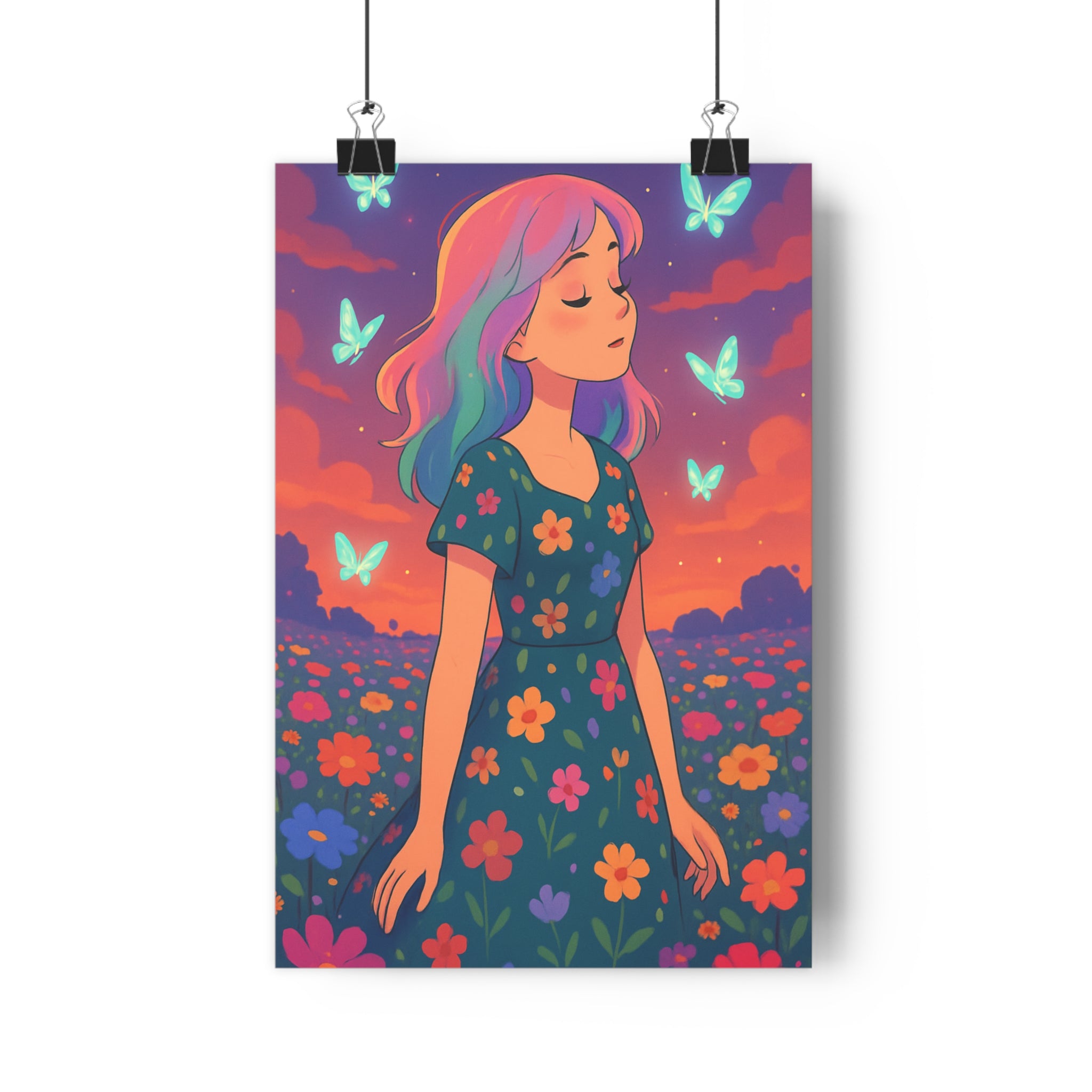 Poster décoratif pastel rêveur femme papillons fleurs crépusculaire chambre détente 30x46 art murale qualité