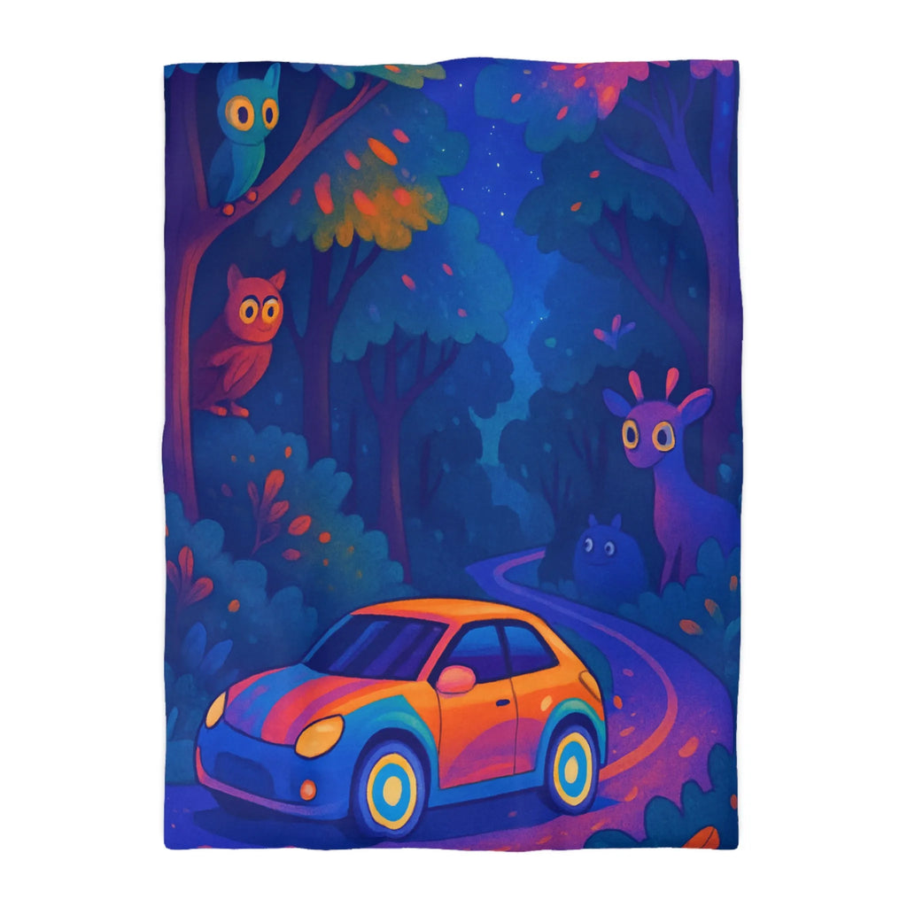 Housse de couette forêt magique avec voiture et animaux, ambiance nocturne colorée fantastique
