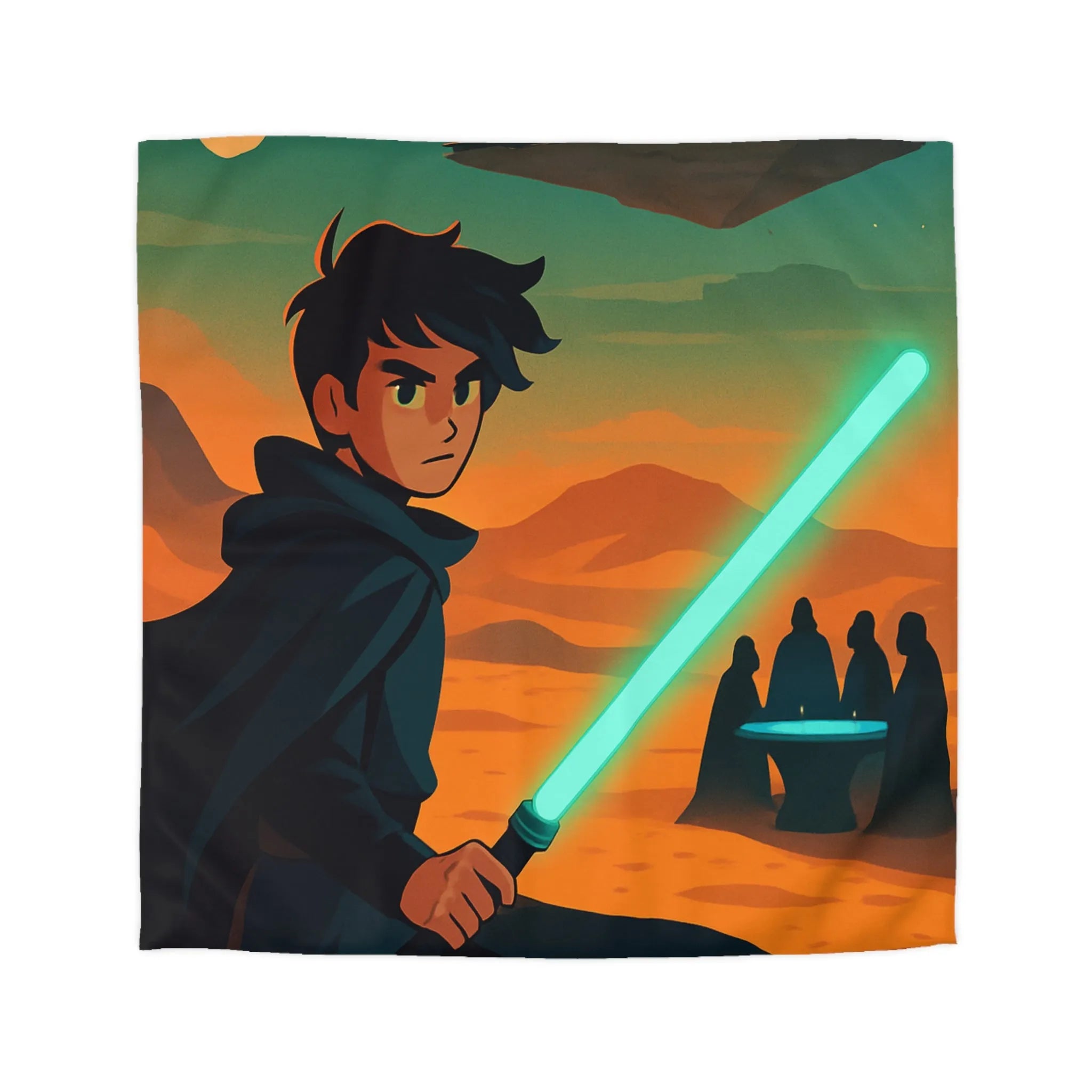 Épique scène de science-fiction avec héros sabre lumineux et vaisseau spatial en arrière-plan