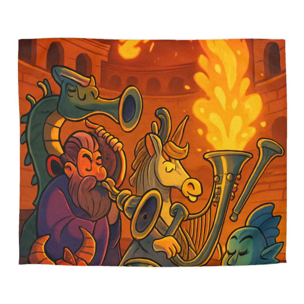 Housse de couette fantastique illustrée avec dragons, musiciens mythiques et couleurs flamboyantes