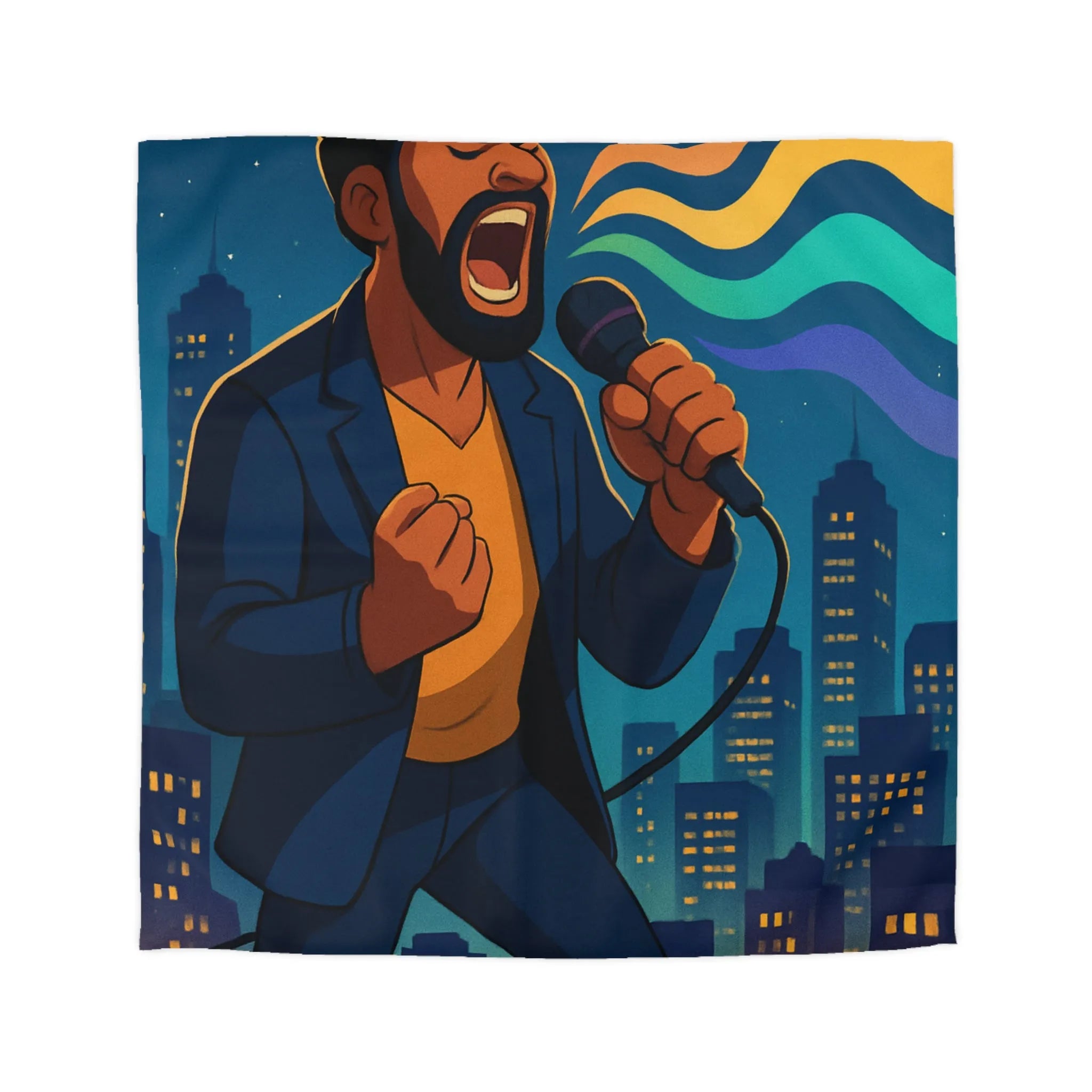 Housse de couette artistique : chanteur vibrant avec coucher de soleil et gratte-ciels