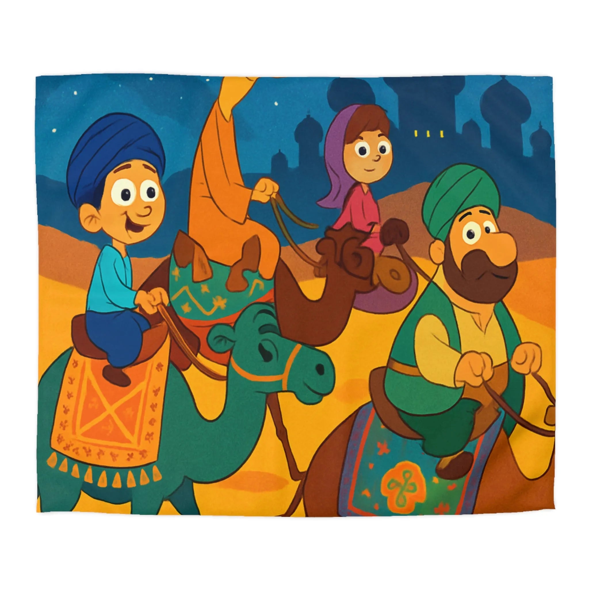 Housse de couette illustrée des enfants et chameaux sous un ciel étoilé magique