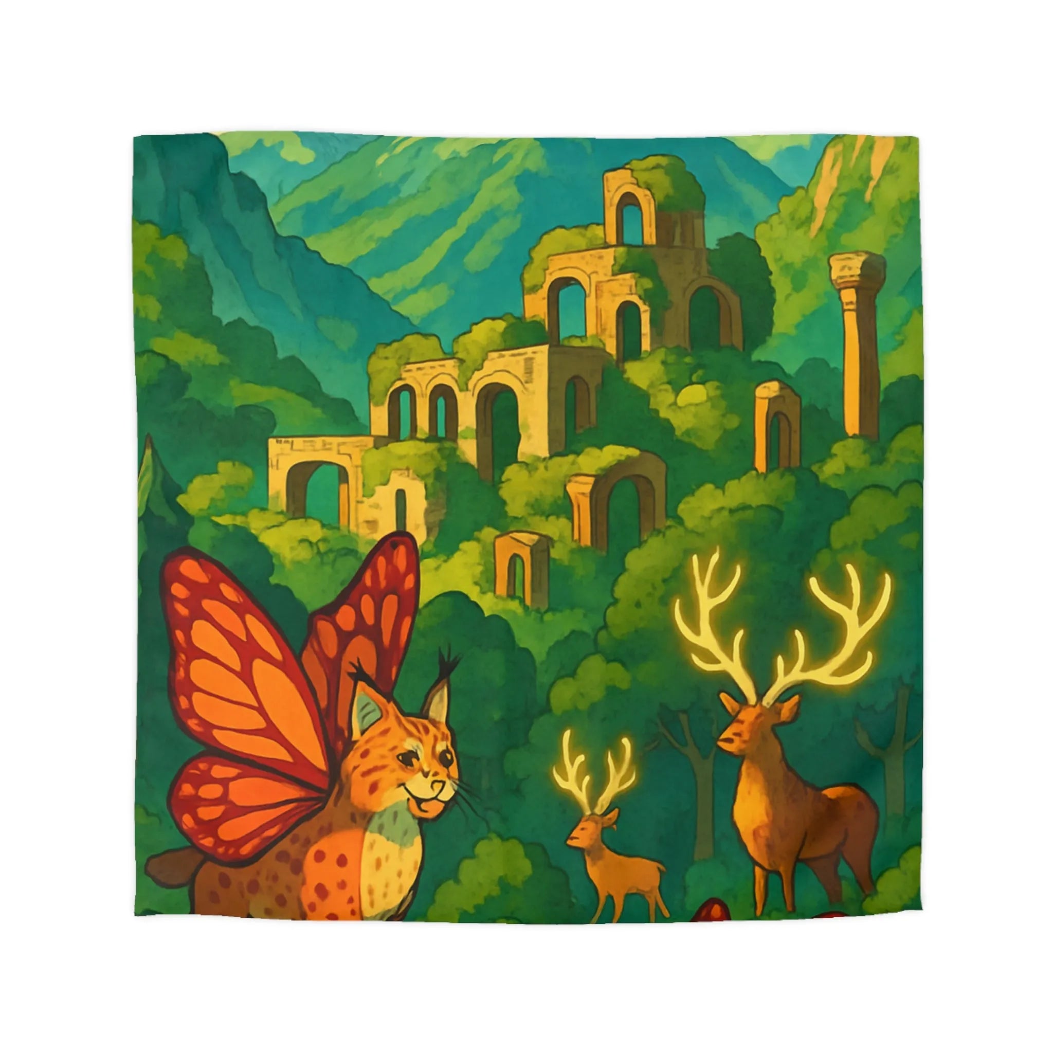 Housse de couette avec lynx ailés et ruines mystiques en montagne colorée