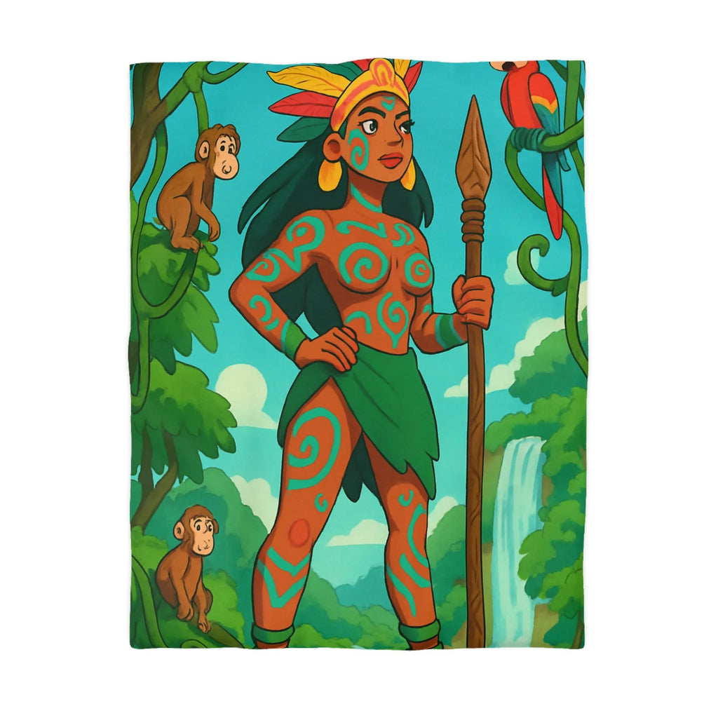 Housse de couette jungle exotique avec guerrière, perroquet et singes colorés vibrants