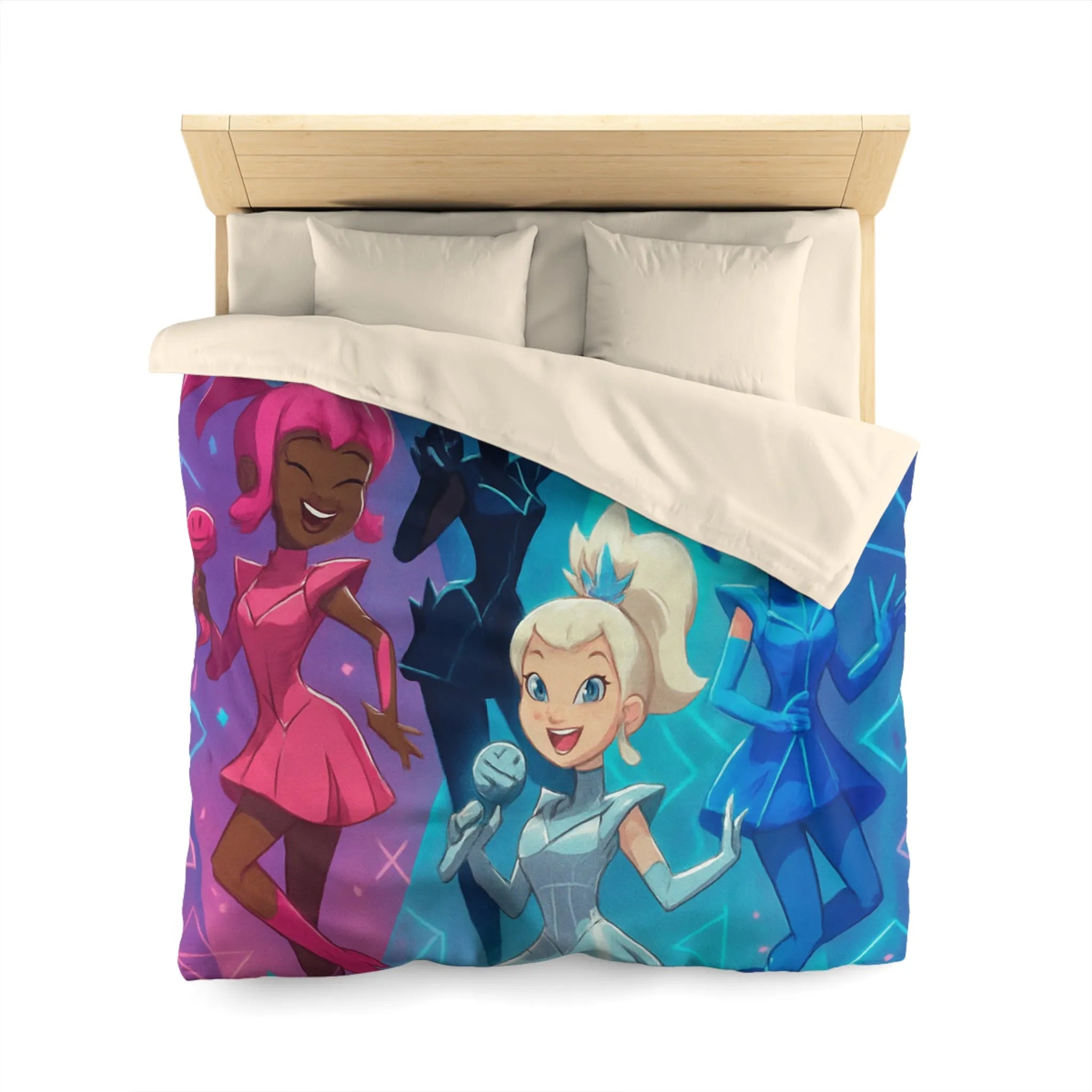 Housse de couette colorée avec personnages chantants et motifs géométriques lumineux