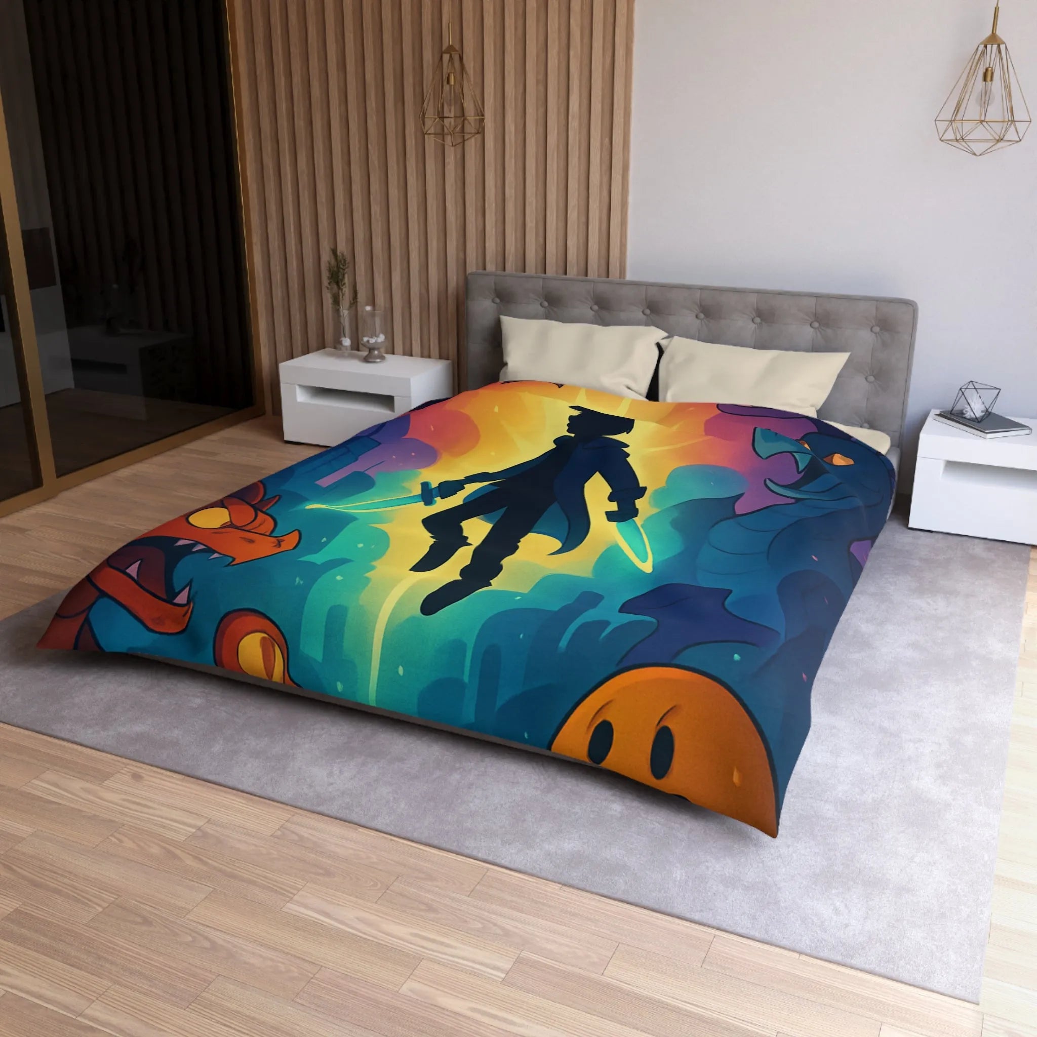 Housse de couette colorée avec créatures fantastiques, ambiance magique et design audacieux