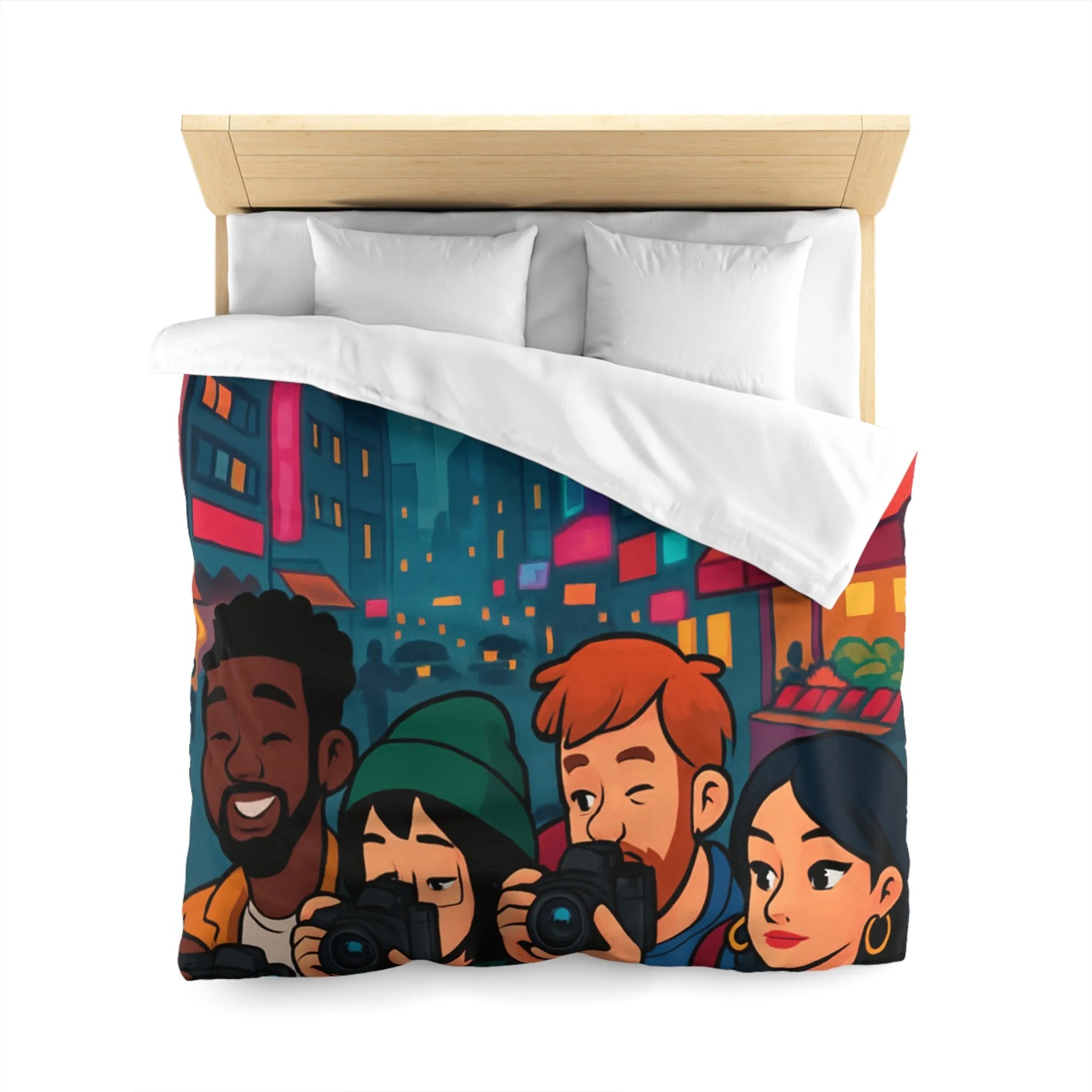 Housse de couette avec photographe urbain, design moderne et ambiance néon vibrante