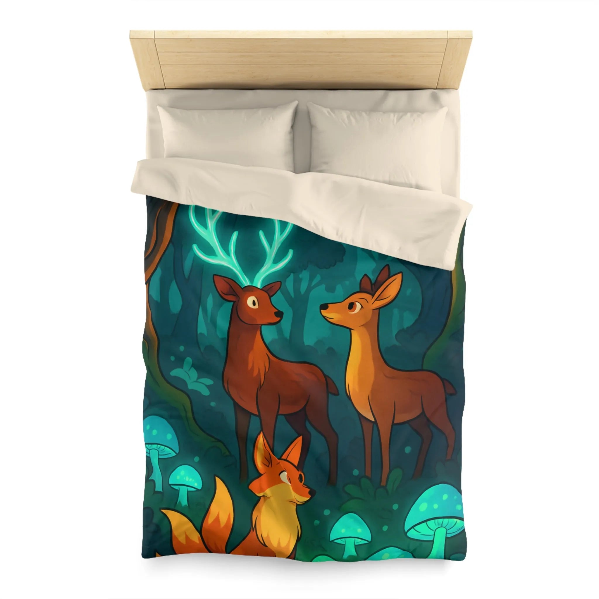 Housse de couette avec animaux de forêt et champignons sous lumière lunaire magique
