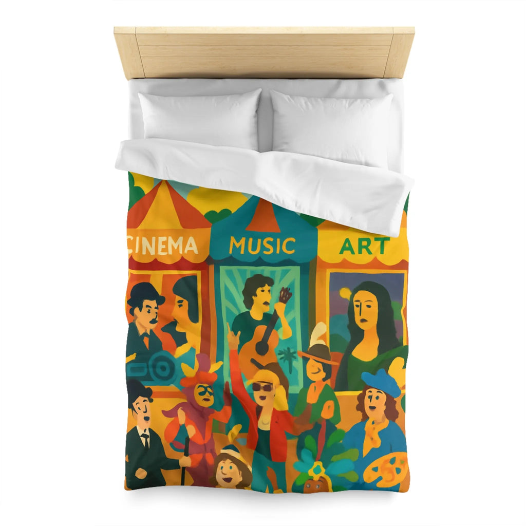 Housse de couette colorée avec motifs cinéma, musique et art, ambiance festive bohème