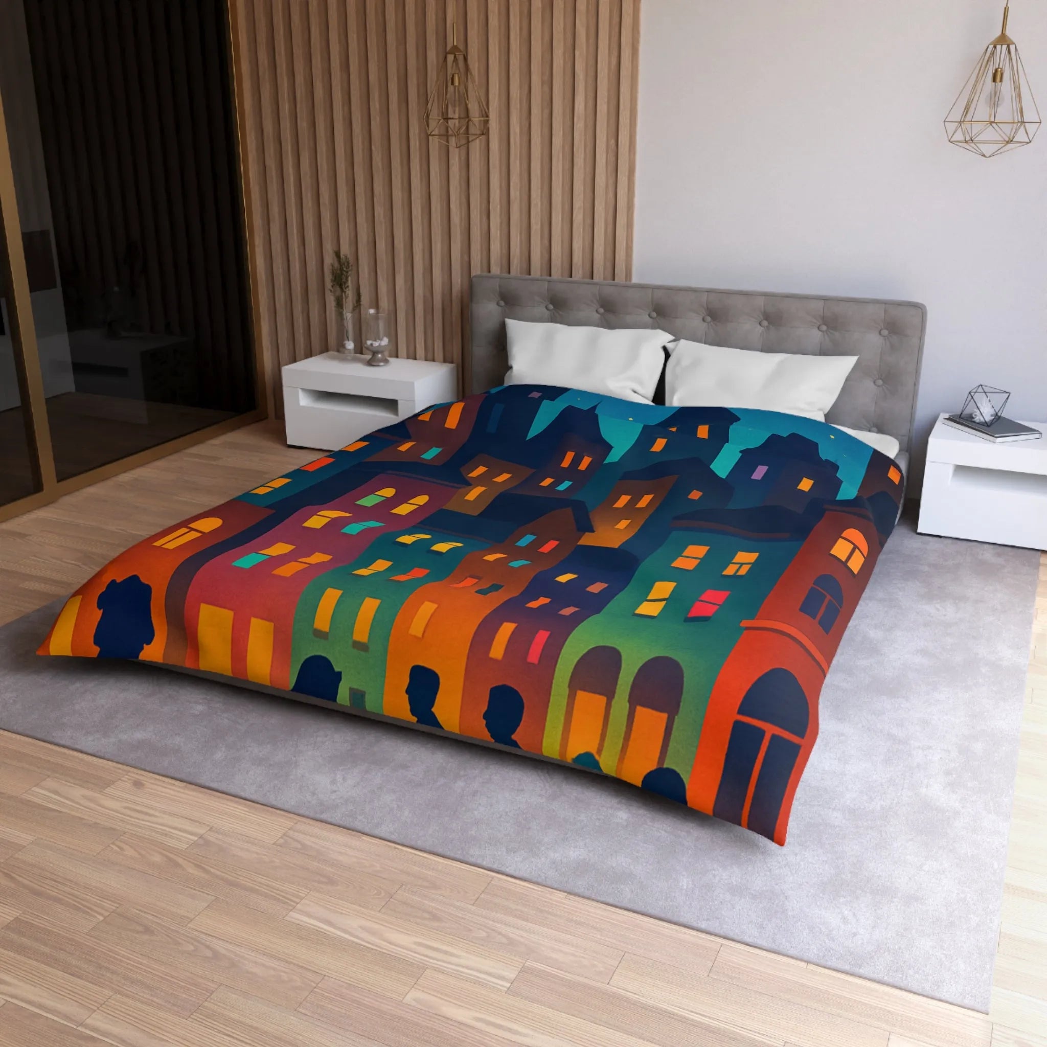 Housse de couette ambiance urbaine douce avec personnages et immeubles nocturnes stylisés