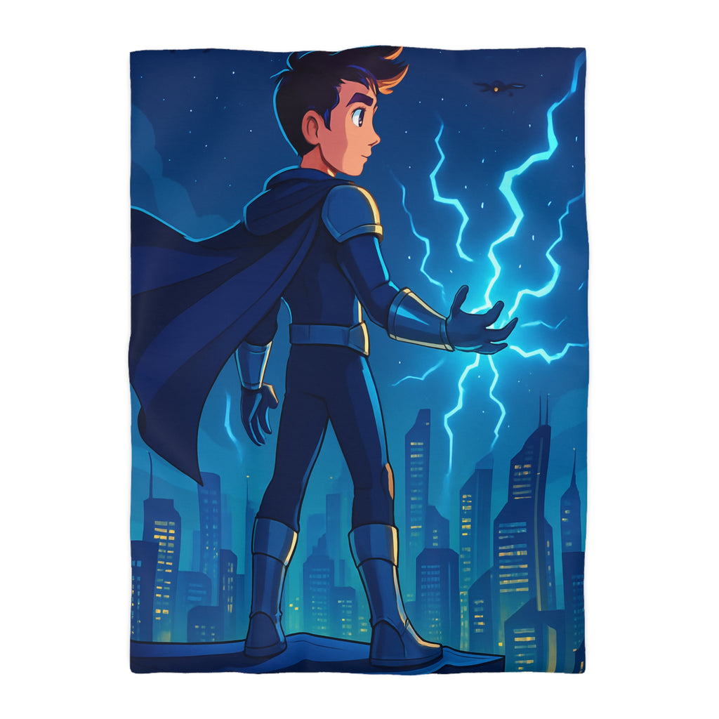 Housse de couette super-héros nocturne avec pouvoirs électriques et drones futuristes urbains