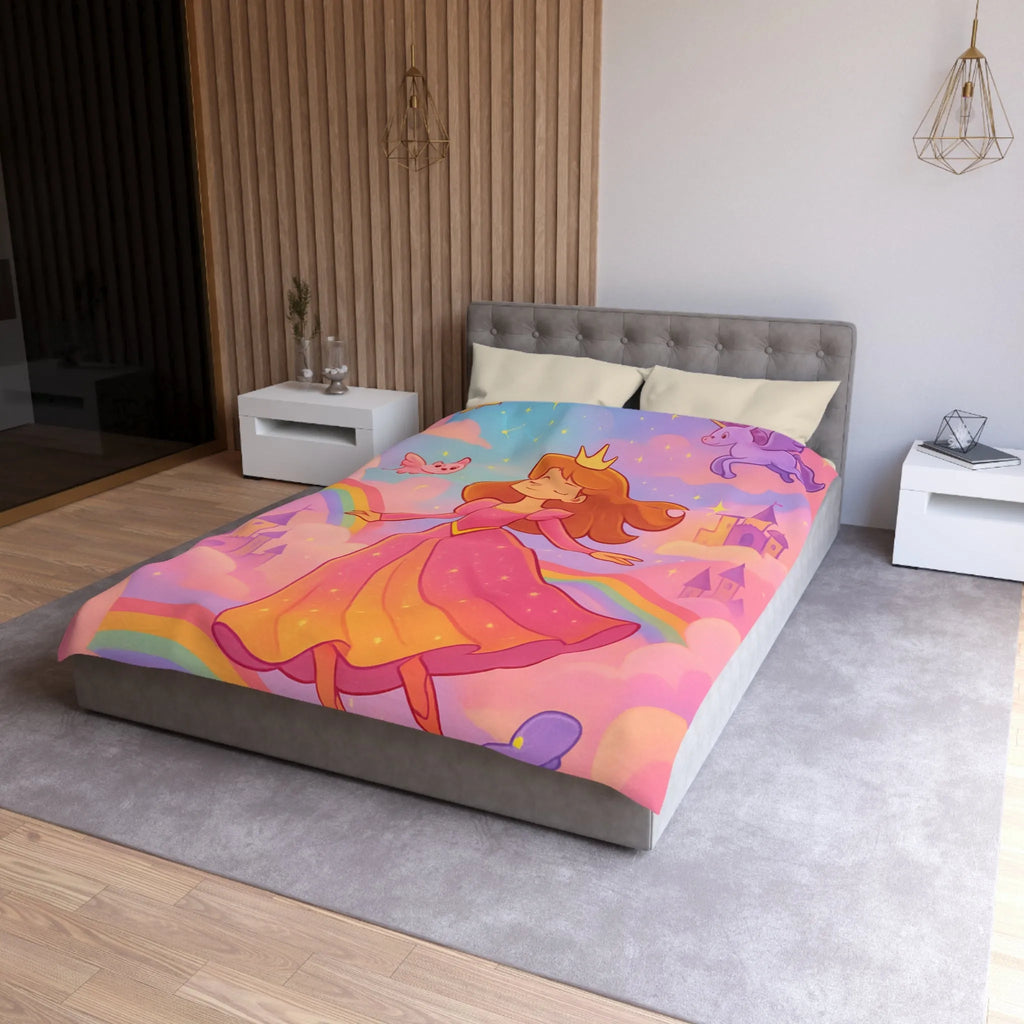 Housse de couette féerique avec princesse et animaux volants, arc-en-ciel pastel doux