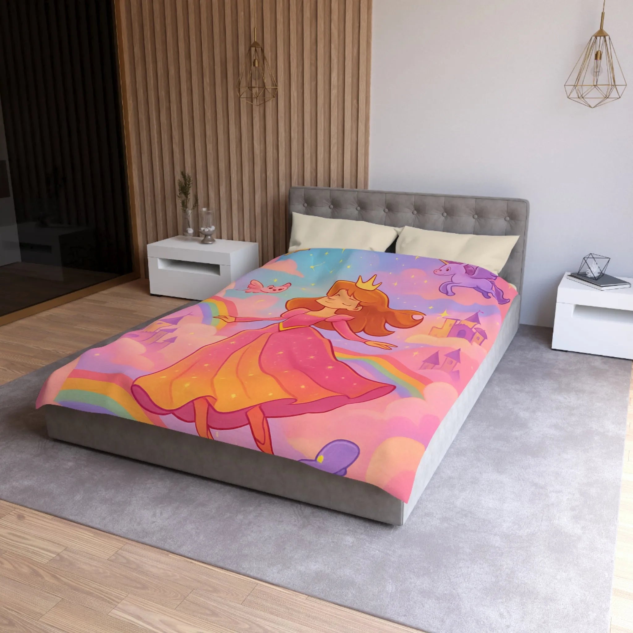 Housse de couette féerique avec princesse et animaux volants, arc-en-ciel pastel doux