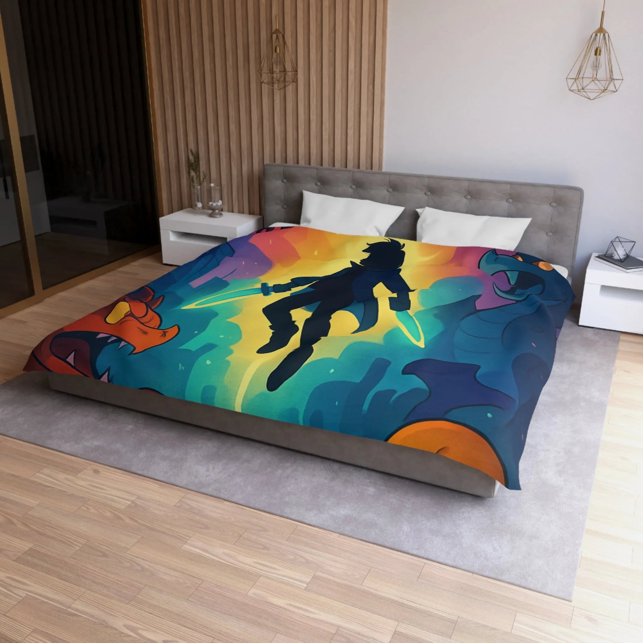 Housse de couette colorée avec créatures fantastiques, ambiance magique et design audacieux