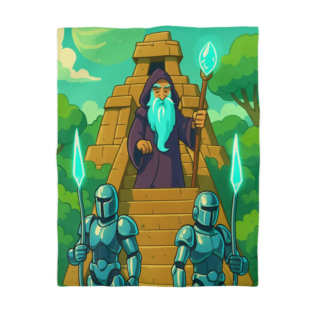 Enchanted Pyramid Landscape with Wizard and Glowing Guardians for Magical Bedding Decor