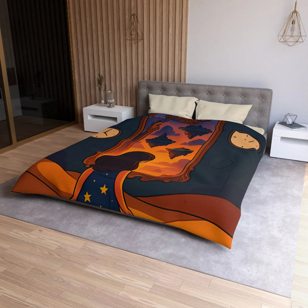 Housse de couette magique: paysage flottant, horloges rêveuses et fille contemplative