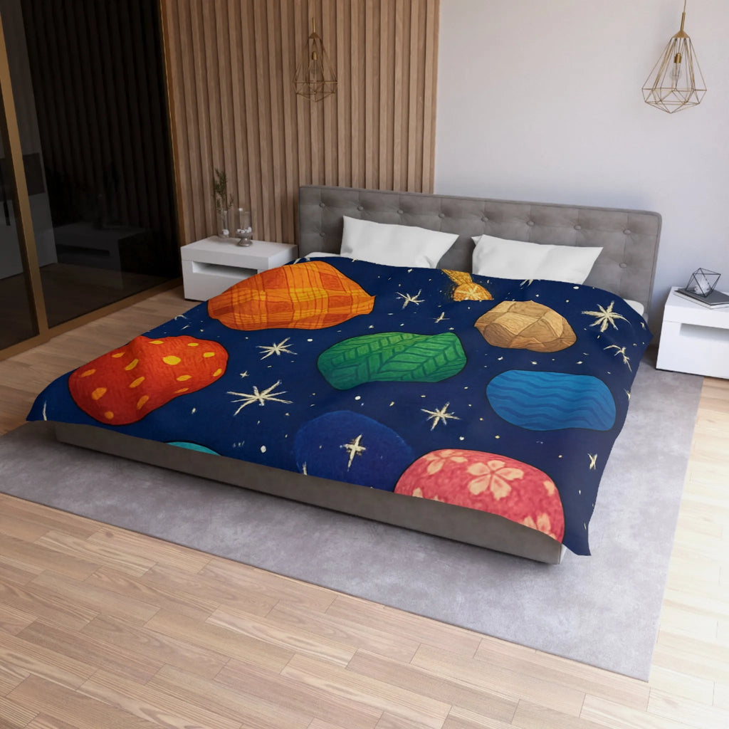 Housse de couette colorée avec planètes texturées, étoiles brillantes et nébuleuse mystique