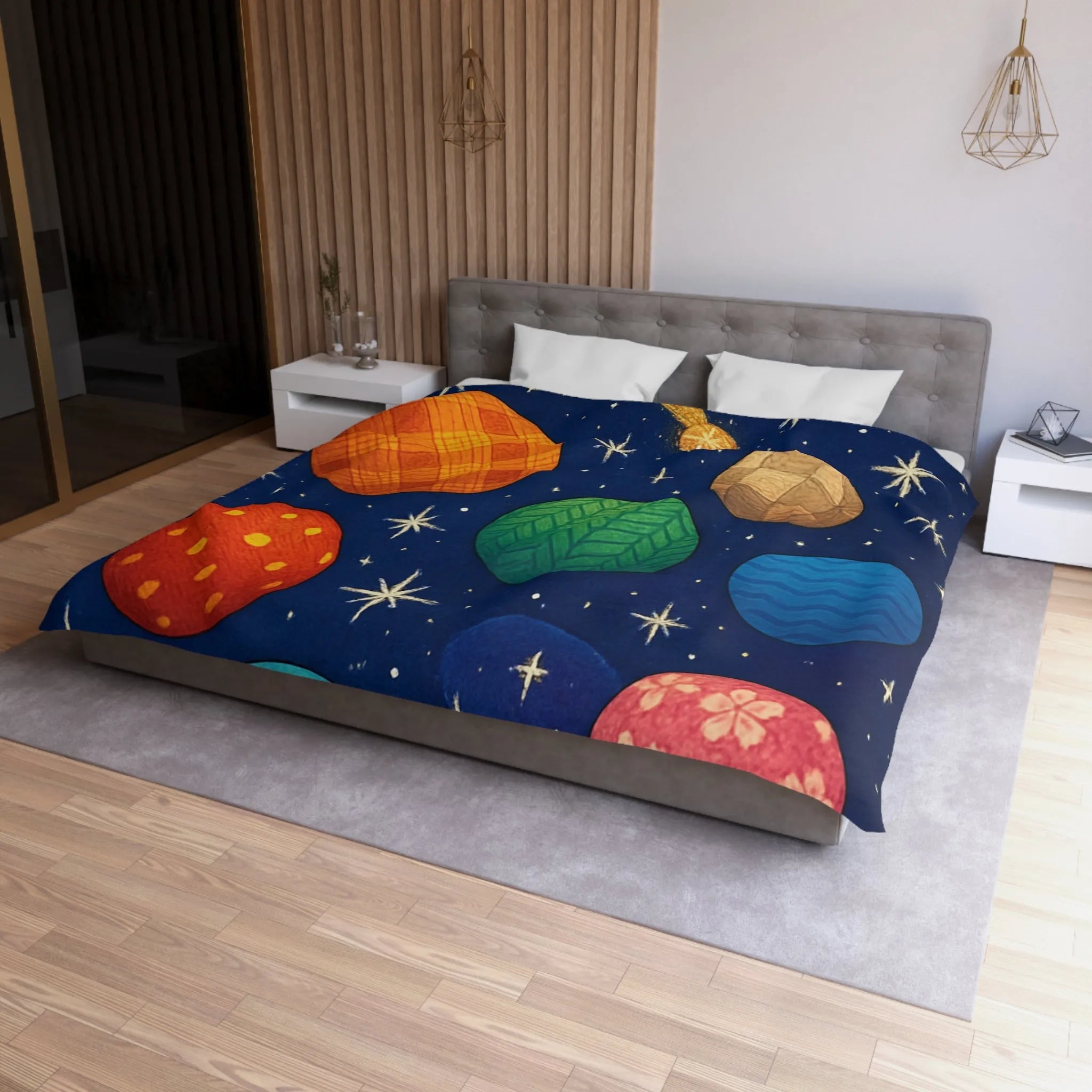 Housse de couette colorée avec planètes texturées, étoiles brillantes et nébuleuse mystique