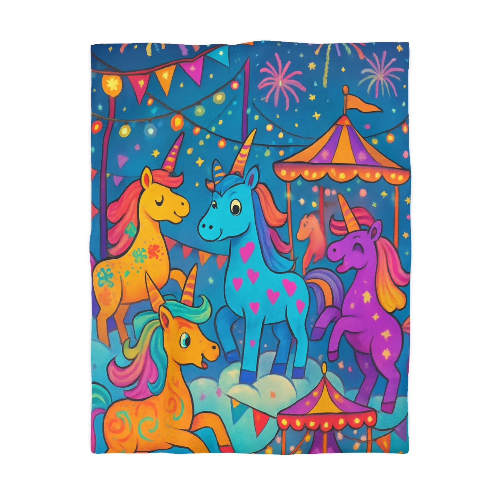 Housse de couette magique avec licornes colorées, carrousel festif, et feux d'artifice