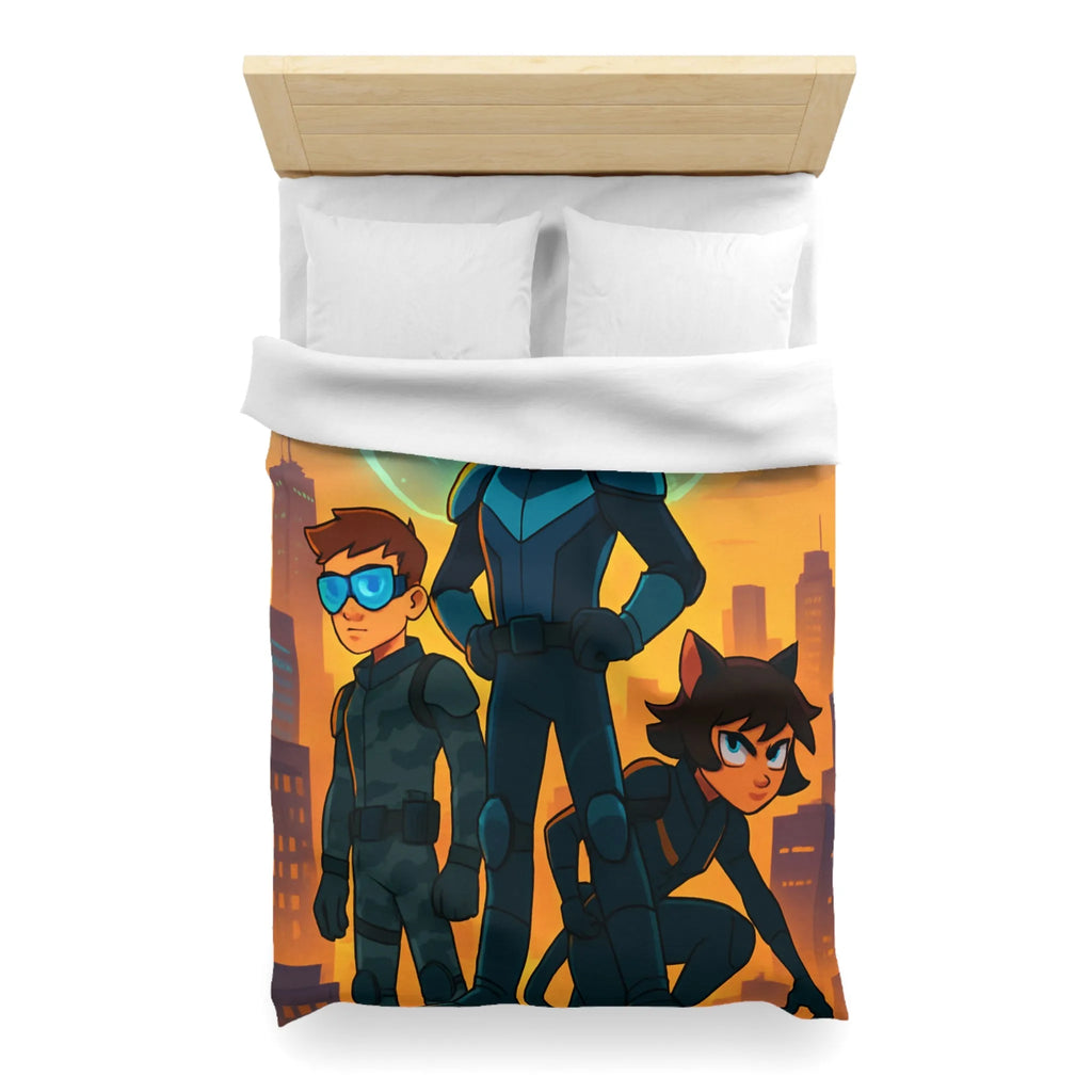 Ensemble d'aventure animé avec enfants héros sur fond urbain au crépuscule