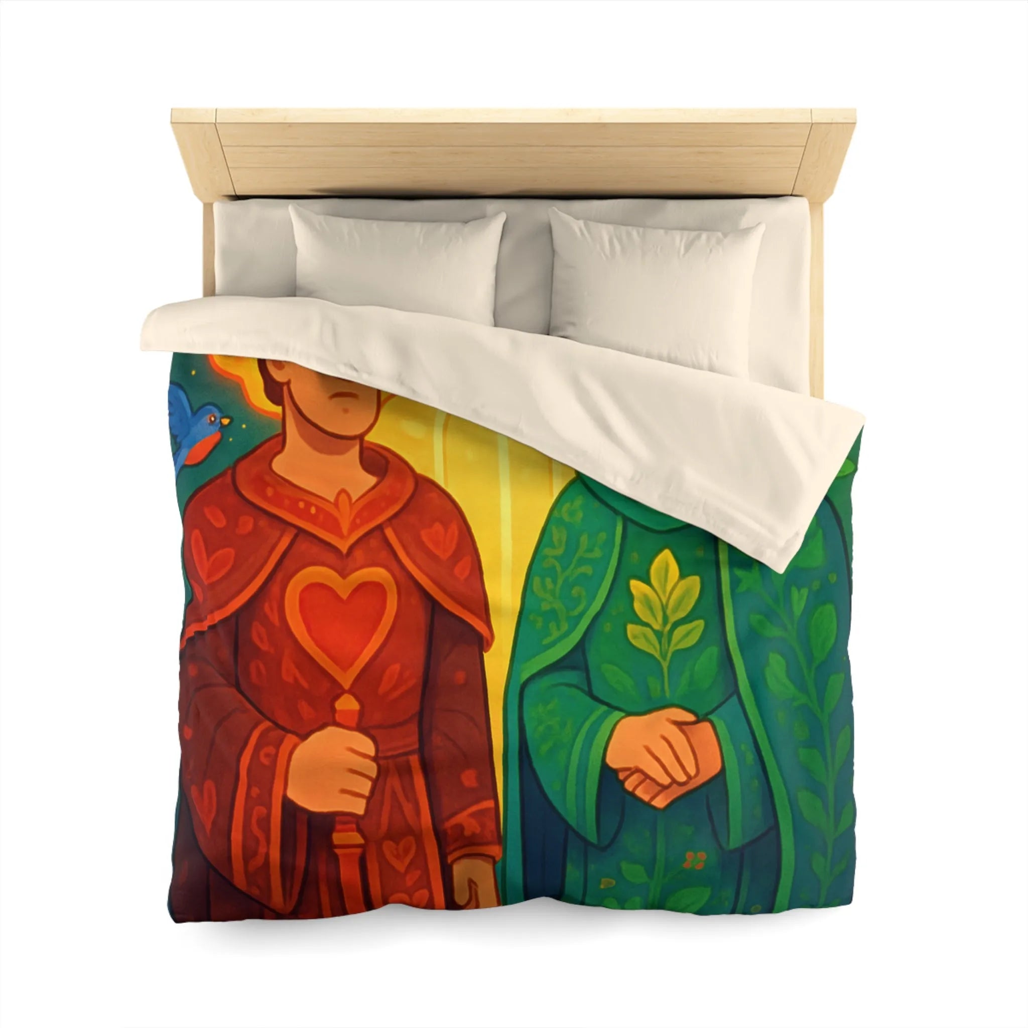 Housse de Couette Colorée avec Illustration Médiévale de Personnages Mystiques et Oiseaux Enchantés