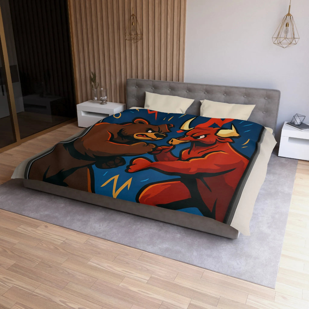 Housse de couette avec motif taureau et ours symbolisant les tendances du marché boursier