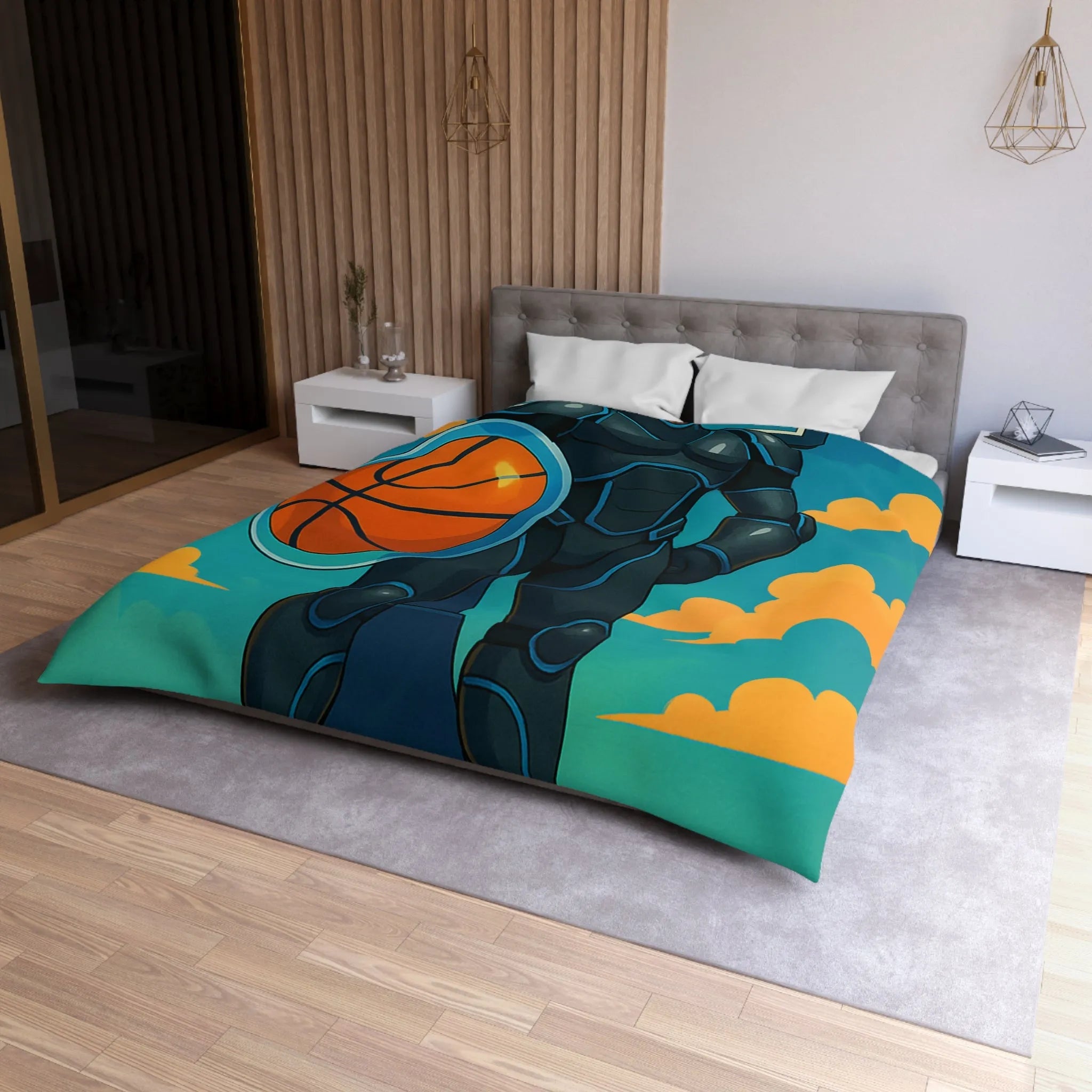 Housse de couette avec illustration d'un joueur de basket héroïque sous un ciel vibrant