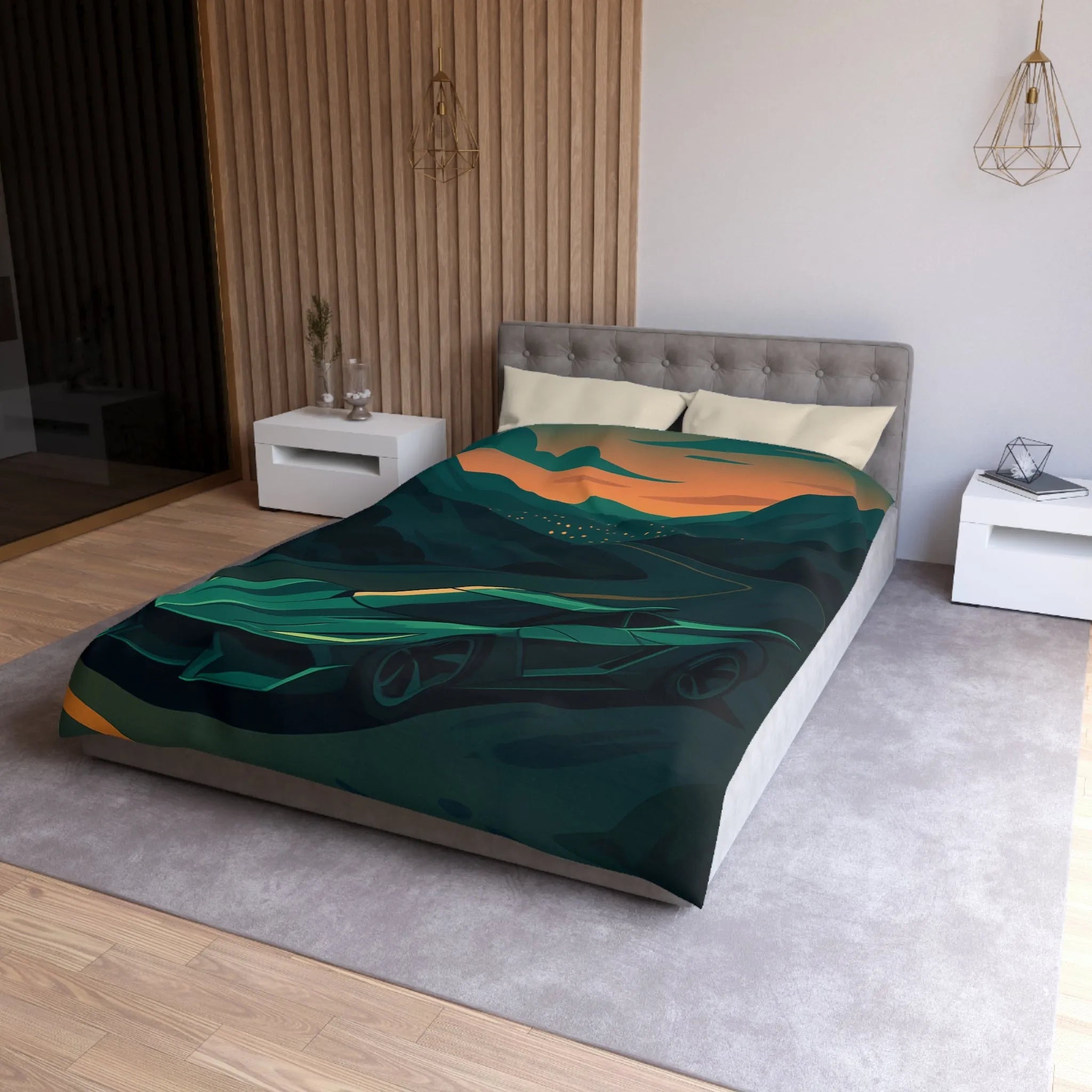 Housse de couette design voiture de sport moderne sur route sinueuse au crépuscule