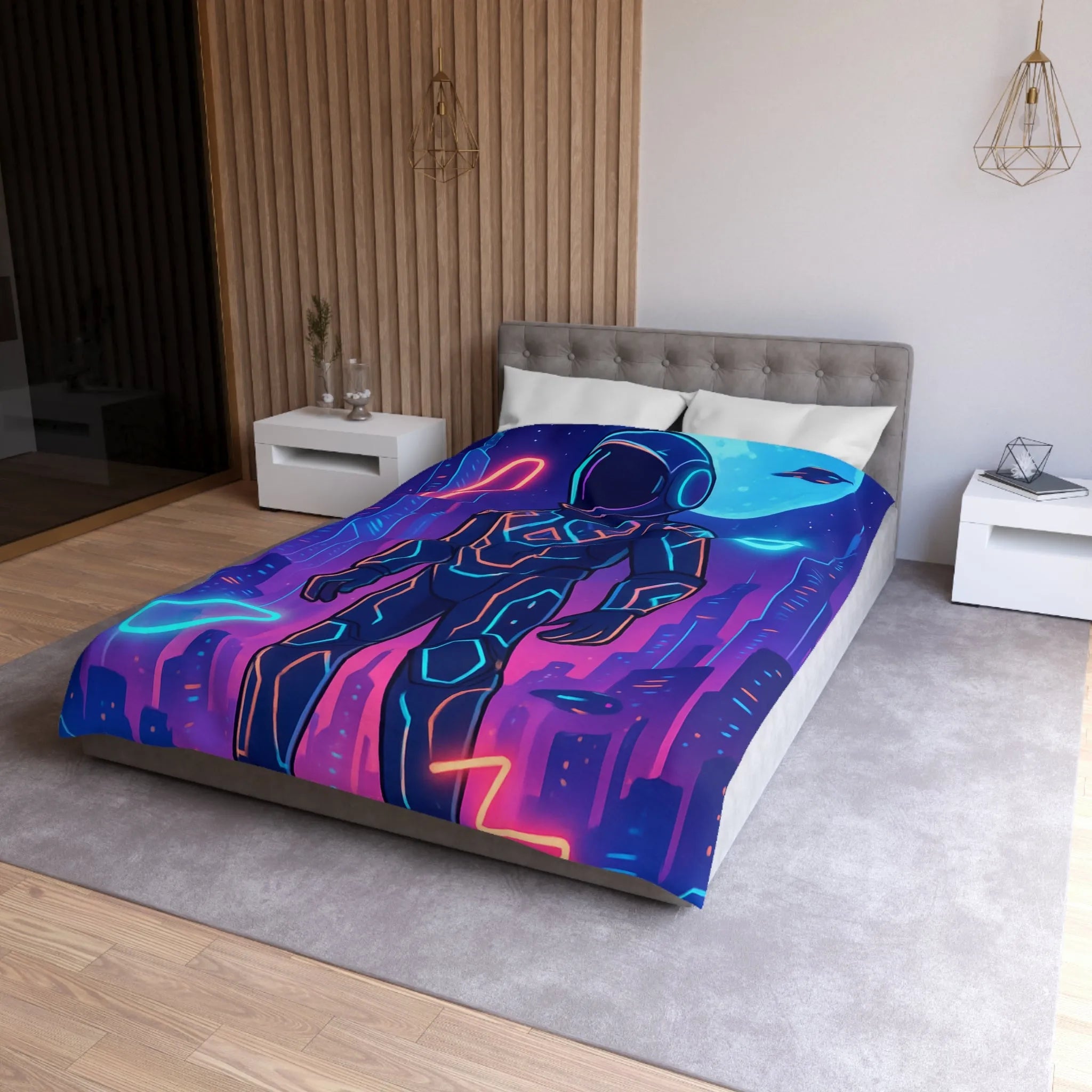 Housse de couette avec astronaute néon, skyline futuriste et vaisseaux spatiaux