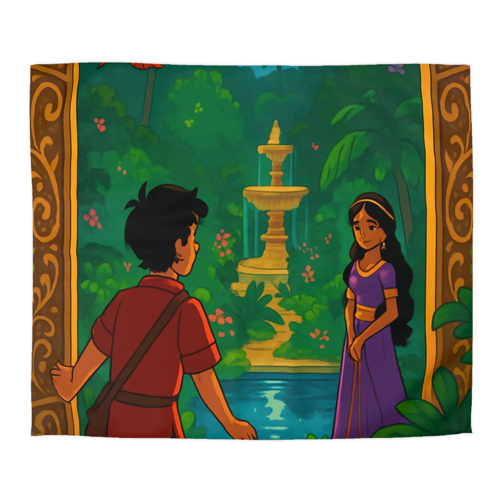 Housse De Couette Enchantée Illustrant Jardin Nocturne Avec Fontaine Et Clair De Lune