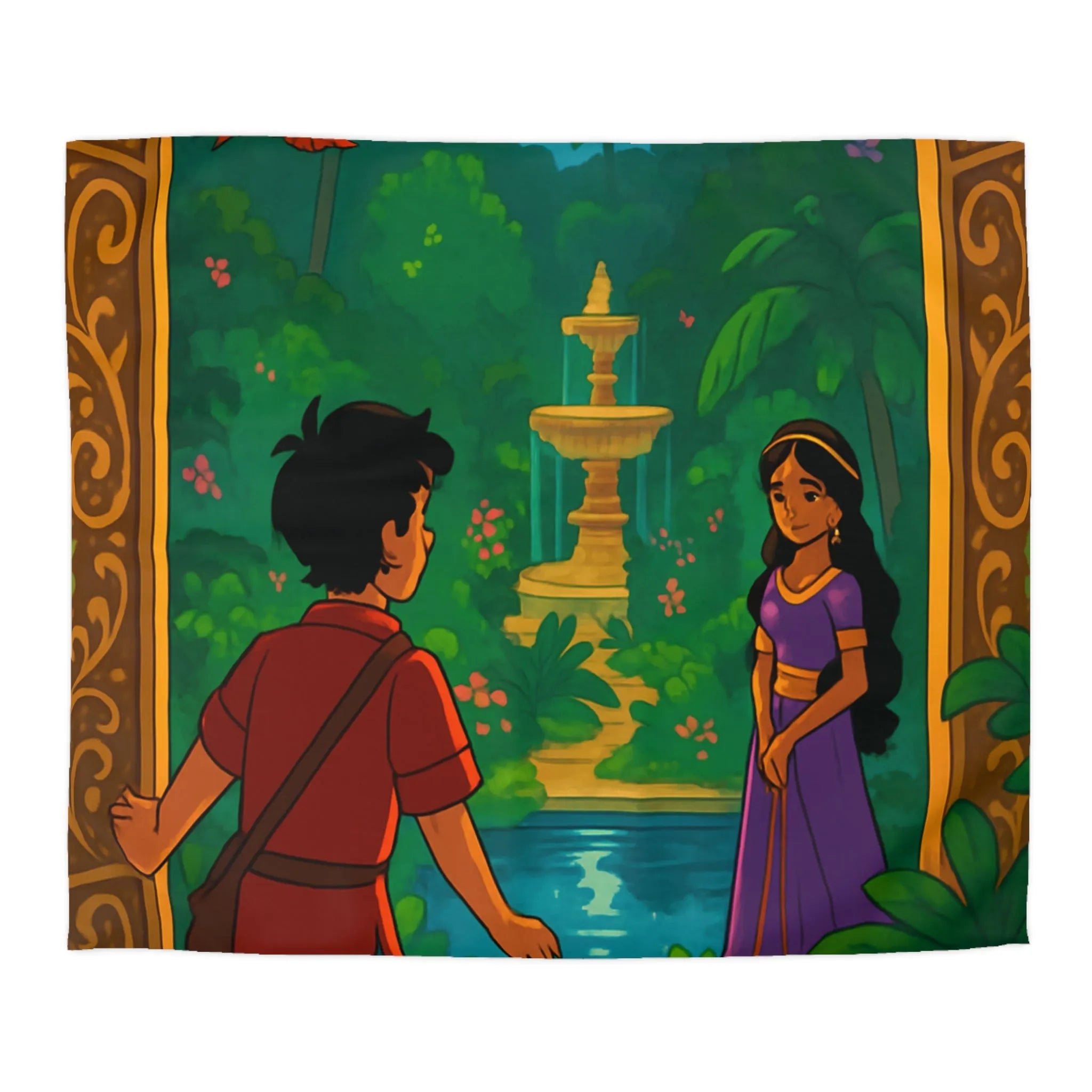 Housse De Couette Enchantée Illustrant Jardin Nocturne Avec Fontaine Et Clair De Lune