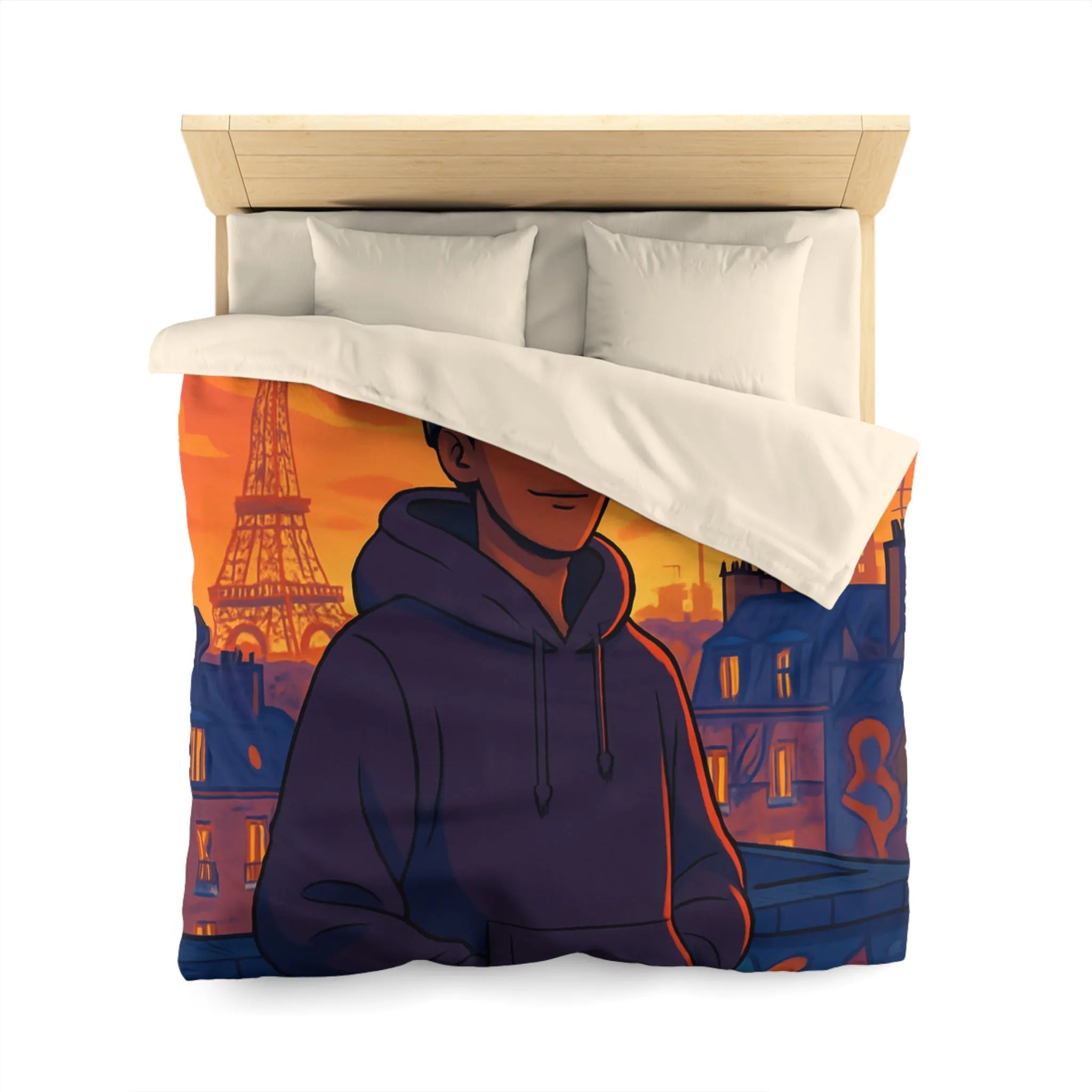 Housse de couette colorée avec ville, tour emblématique et vol de pigeons au crépuscule