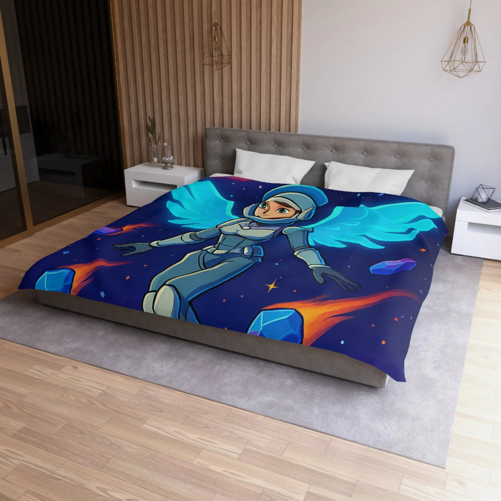 Housse de couette astronaute ailé dans l'espace avec étoiles et nébuleuses colorées