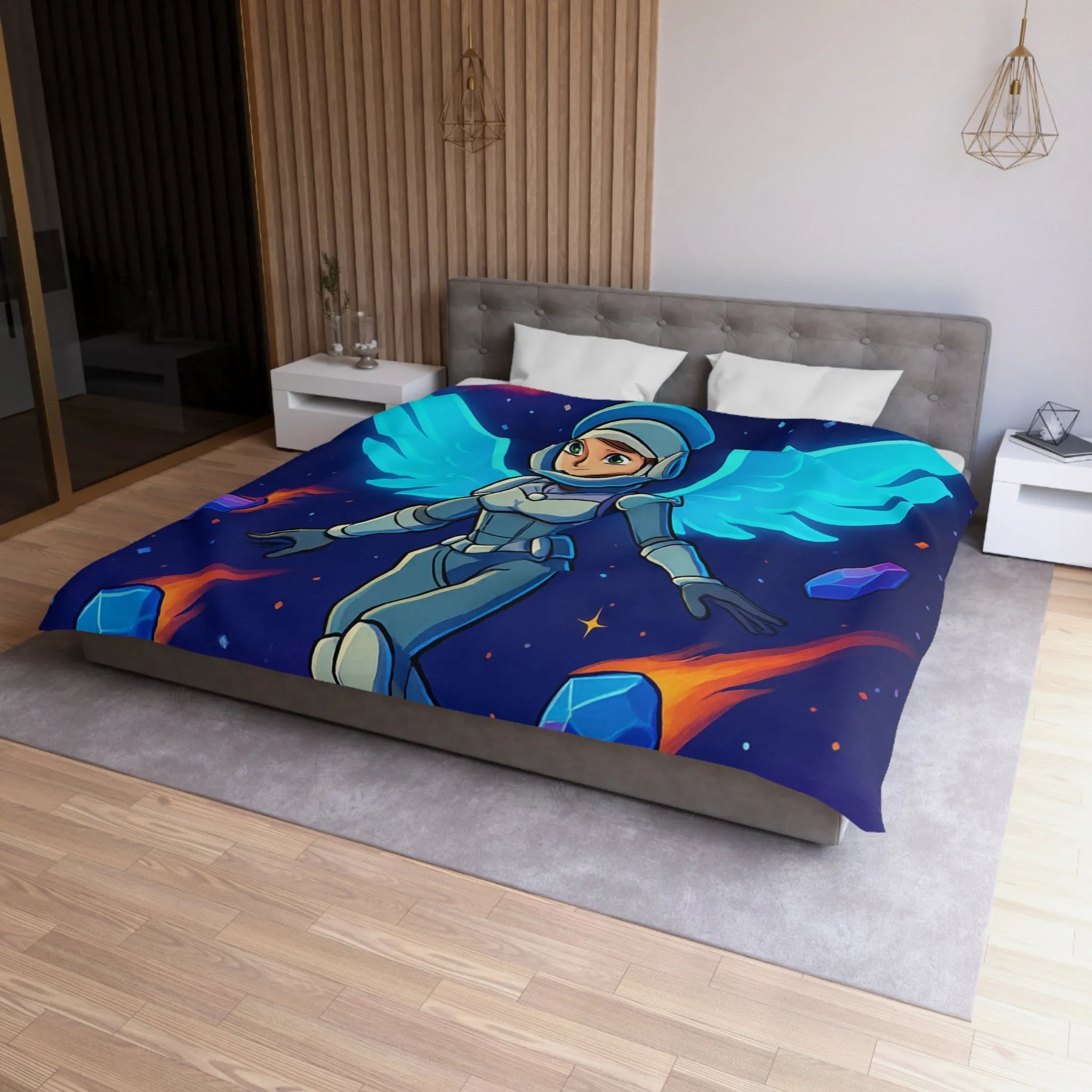 Housse de couette astronaute ailé dans l'espace avec étoiles et nébuleuses colorées