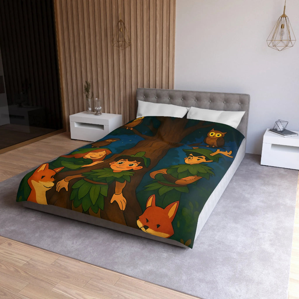 Housse de Couette Forêt Enchantée avec Animaux, Arbre et Enfants en Tenues Végétales