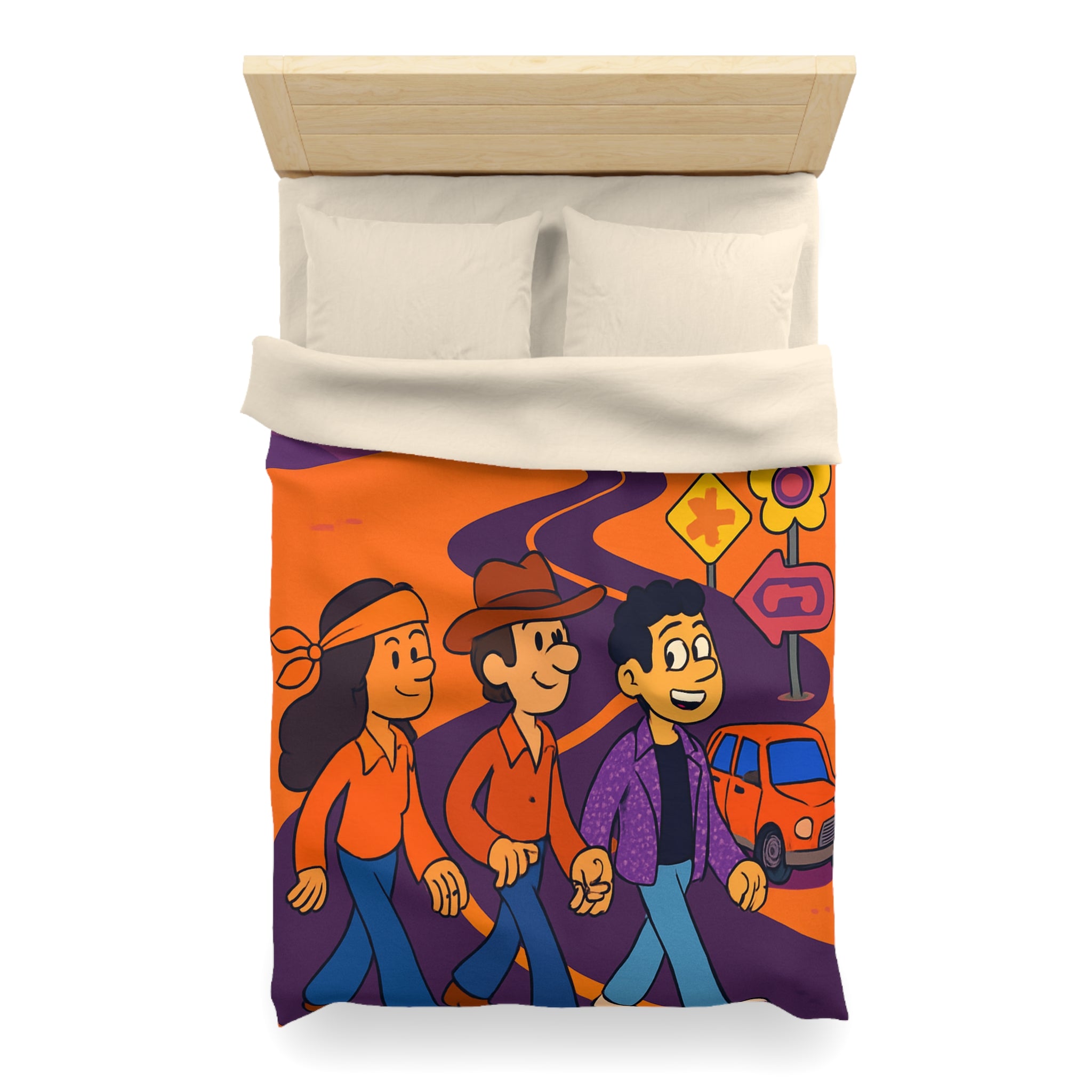 Housse de couette rétro seventies : route orange avec ciel ensoleillé et personnages