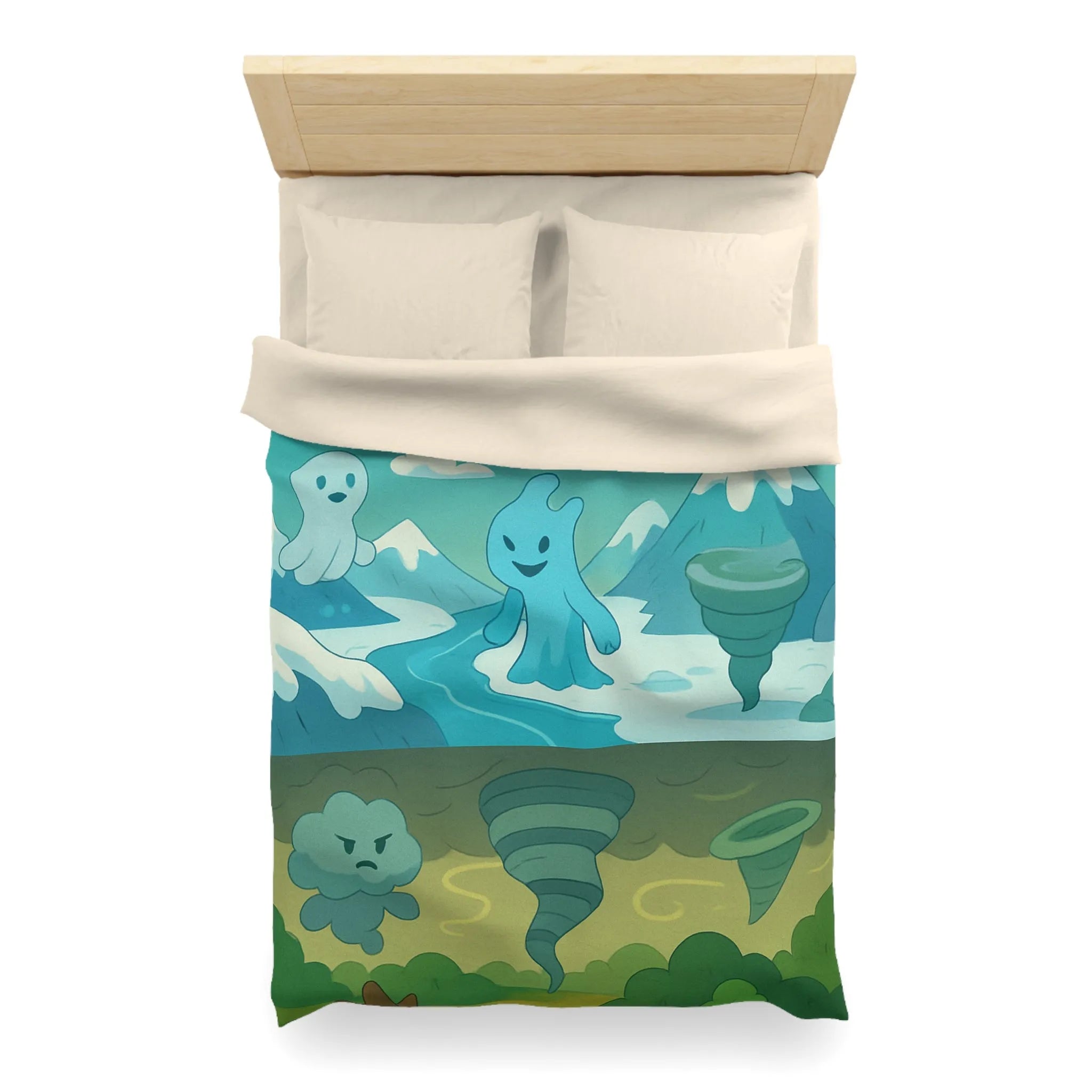 Housse de couette illustrant esprits élémentaires dans des paysages fantastiques vibrants et colorés