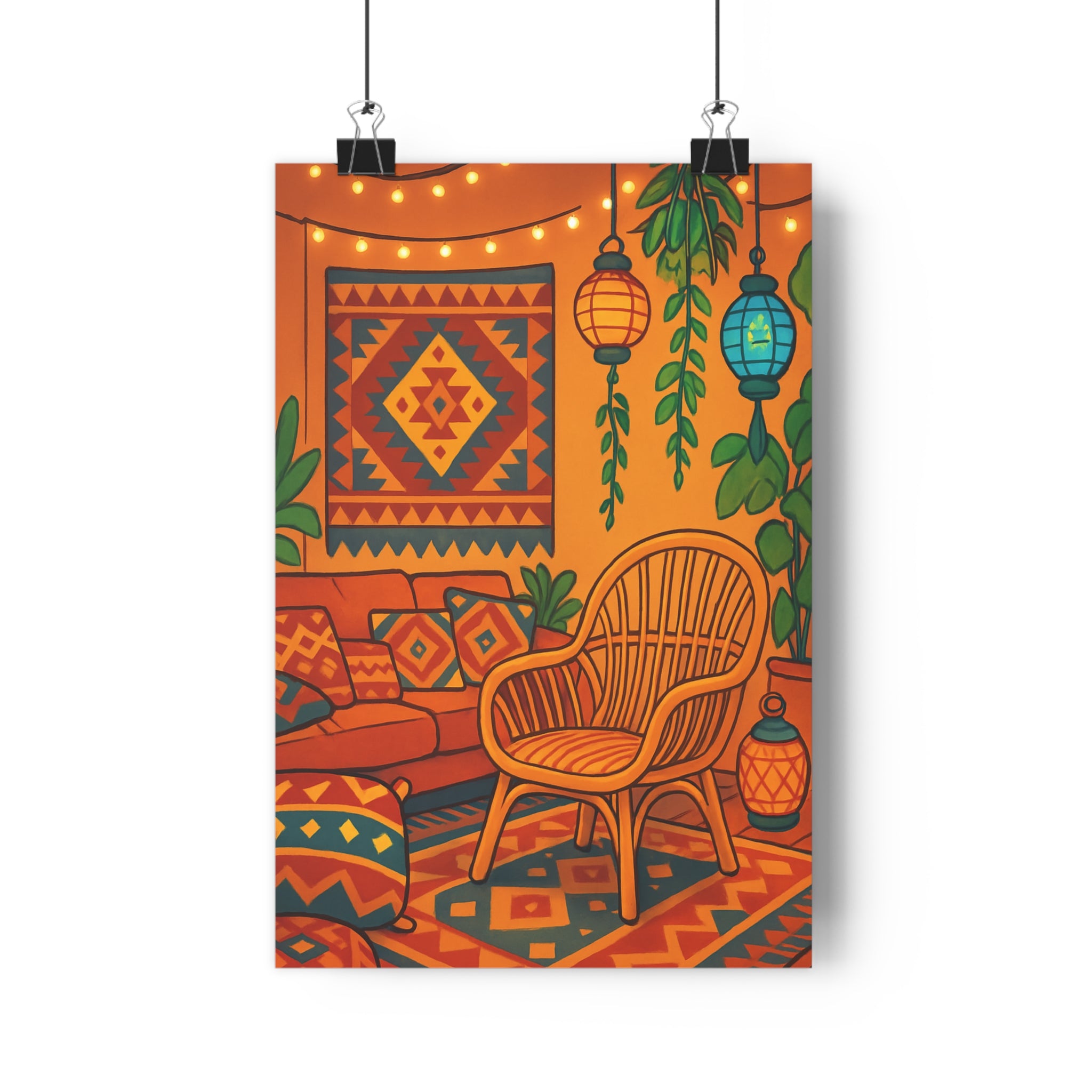 Poster décoratif bohème chaleureux salon moderne vert rotin plantes coloré éclairage intérieur tendance ambiance