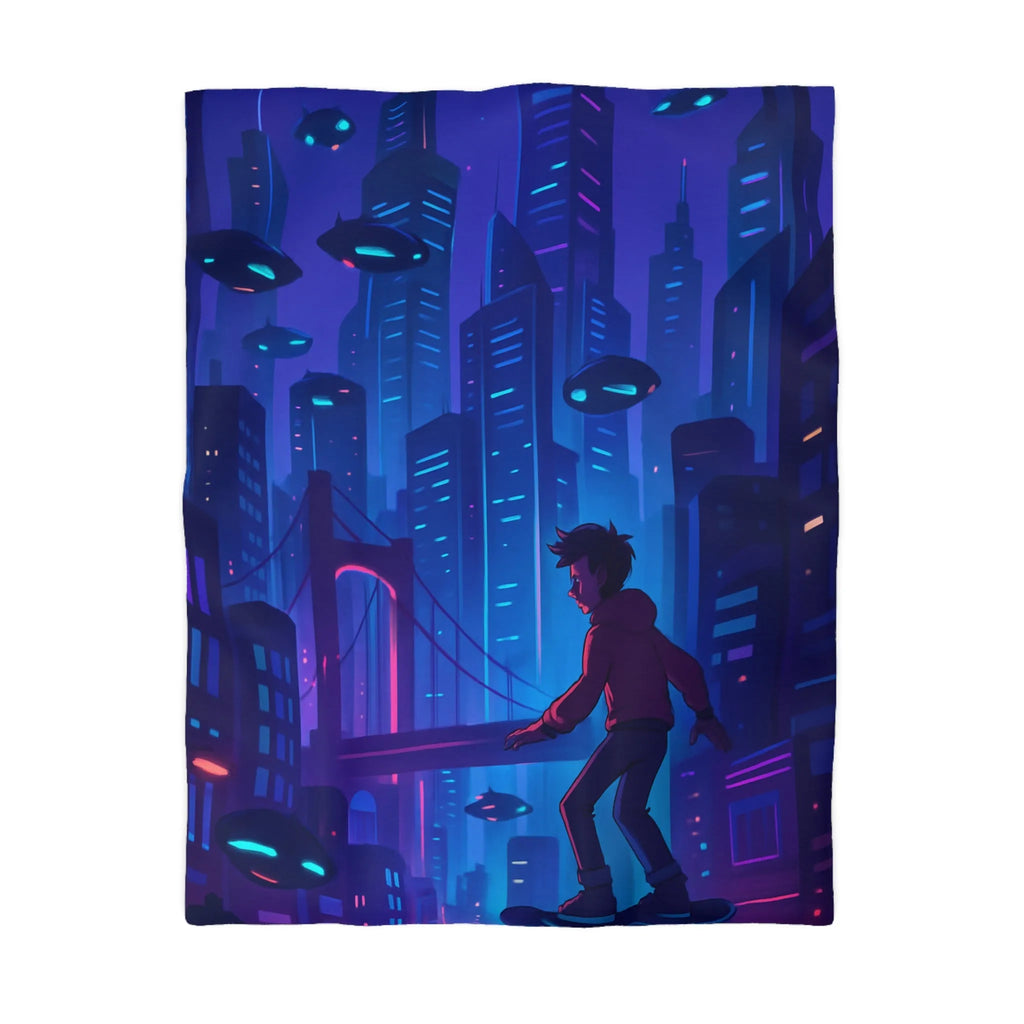 Housse de couette futuriste avec ville néon et skateur volant, ambiance cyberpunk moderne