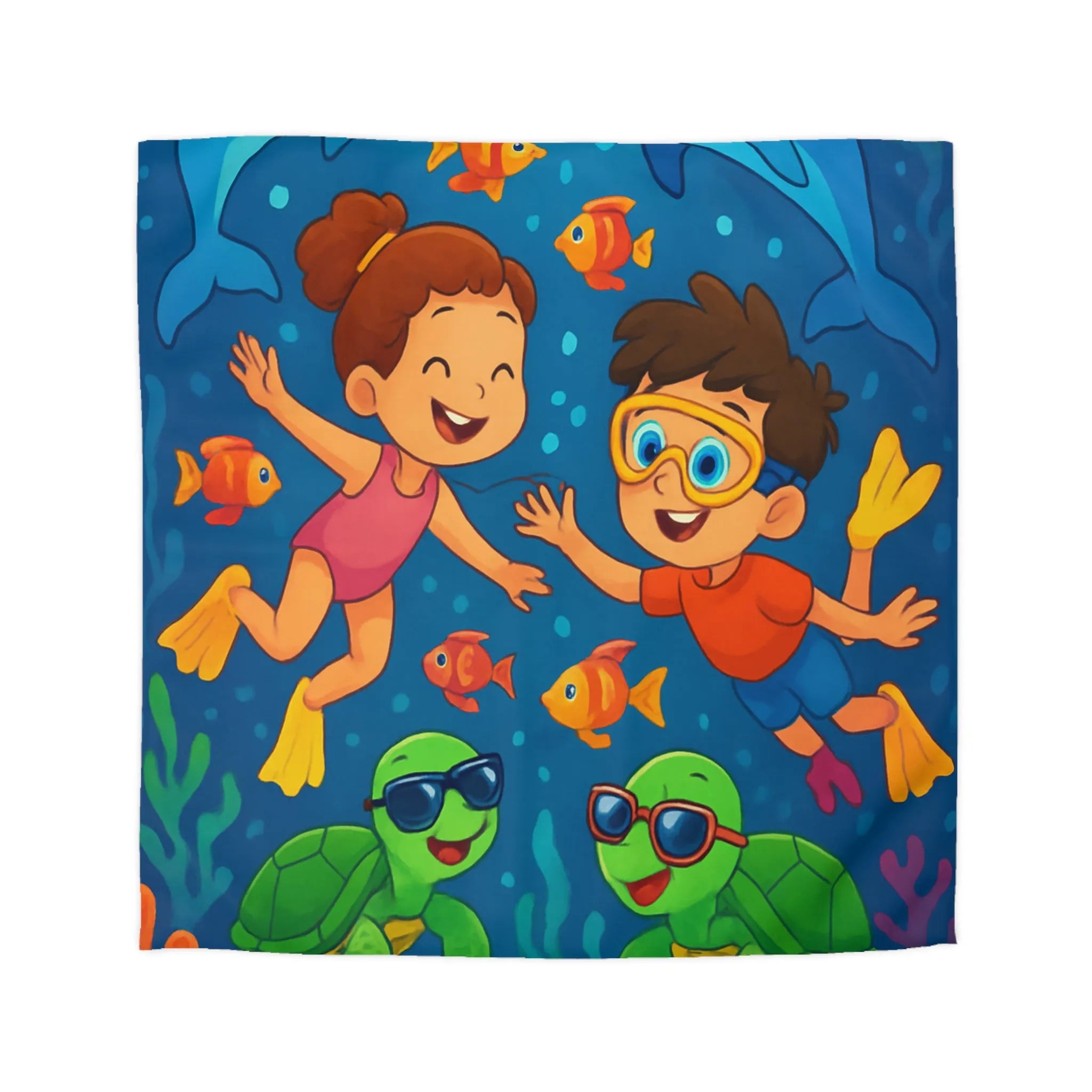 Housse de couette avec enfants nageant joyeusement dans océan vibrant avec animaux marins