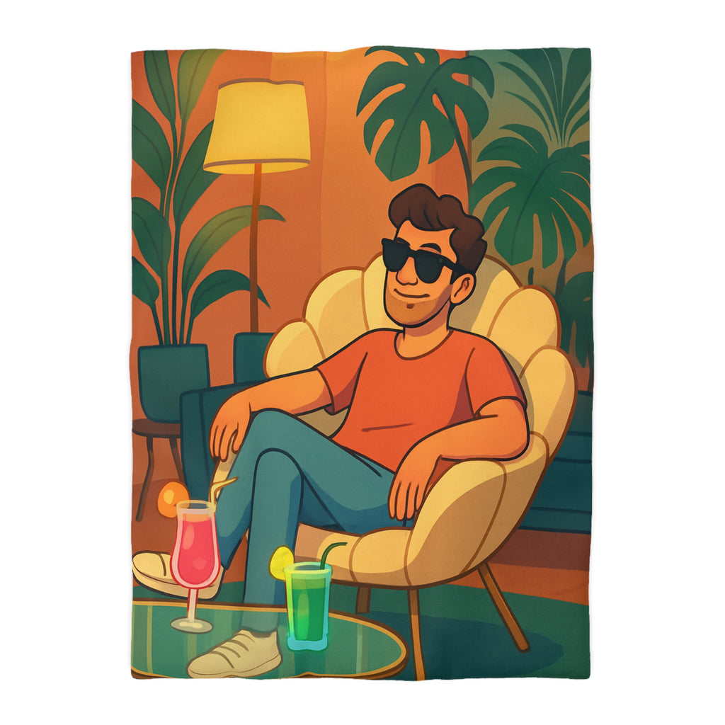 Housse de Couette Tropicale Design Moderne avec Feuilles et Boissons Colorées Style Rétro