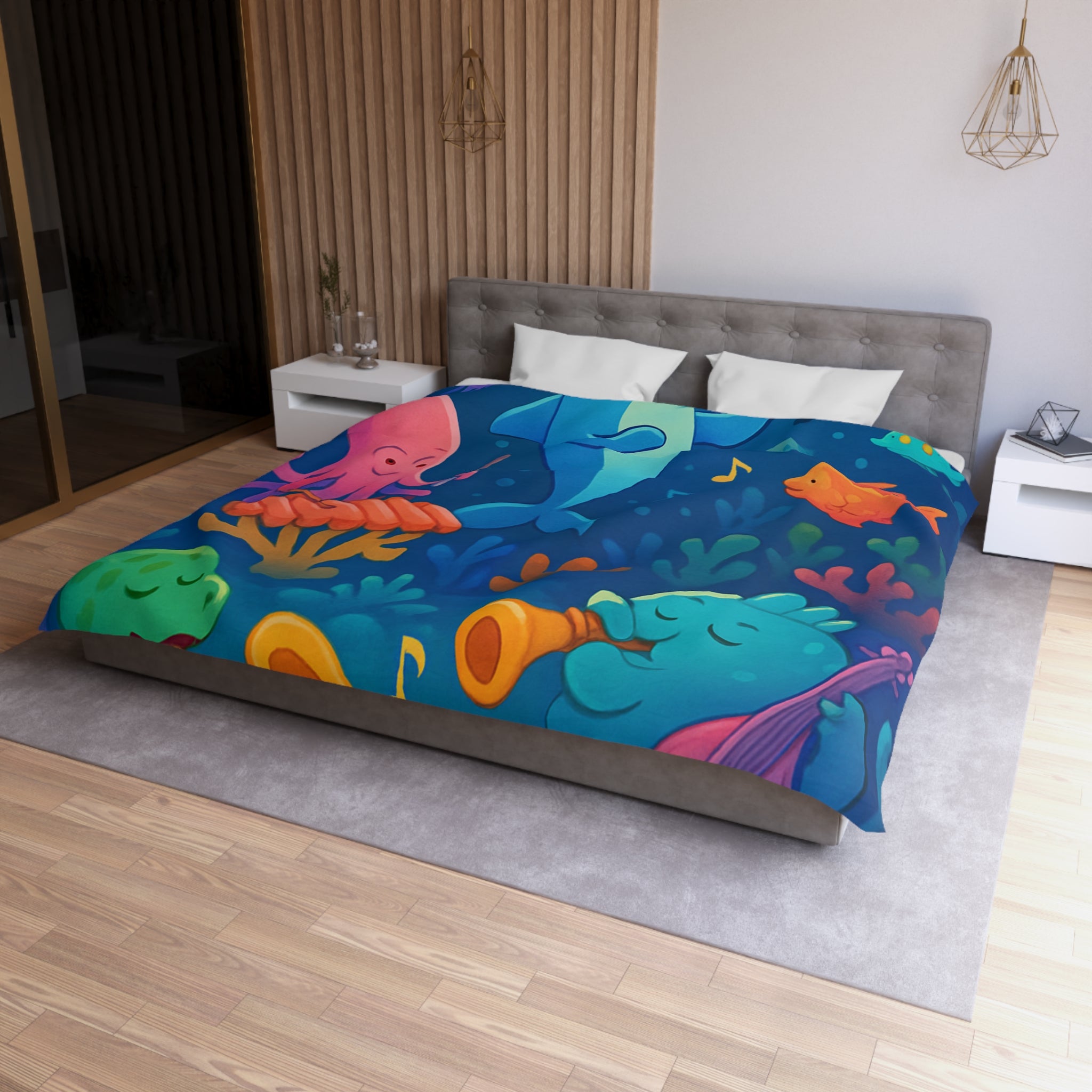 Housse de couette océan joyeux avec animaux marins et notes musicales colorées