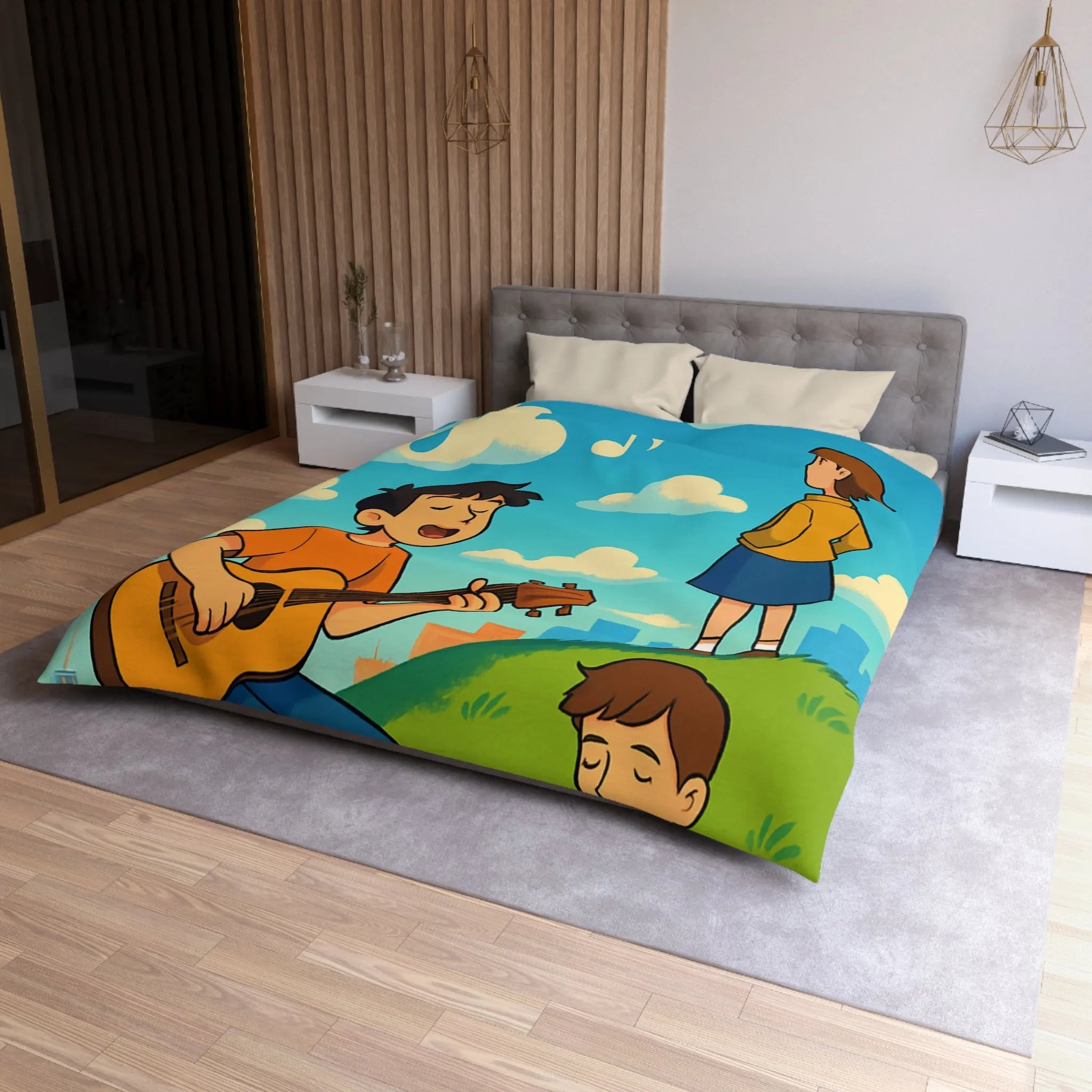 Housse de couette avec personnages chantant et lisant sur colline ensoleillée