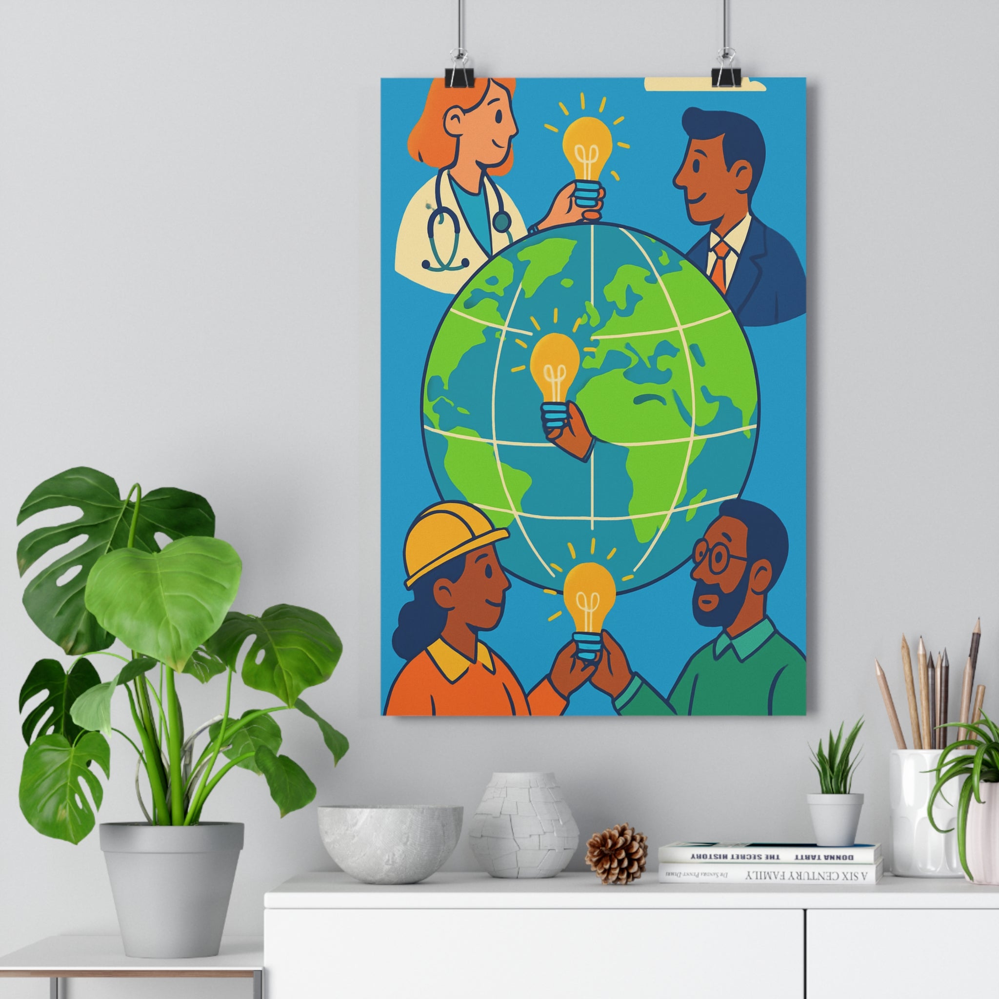 Poster décoratif cartoon globe lumineux bleu vert orange salon bureau dynamique collaboration universel unique