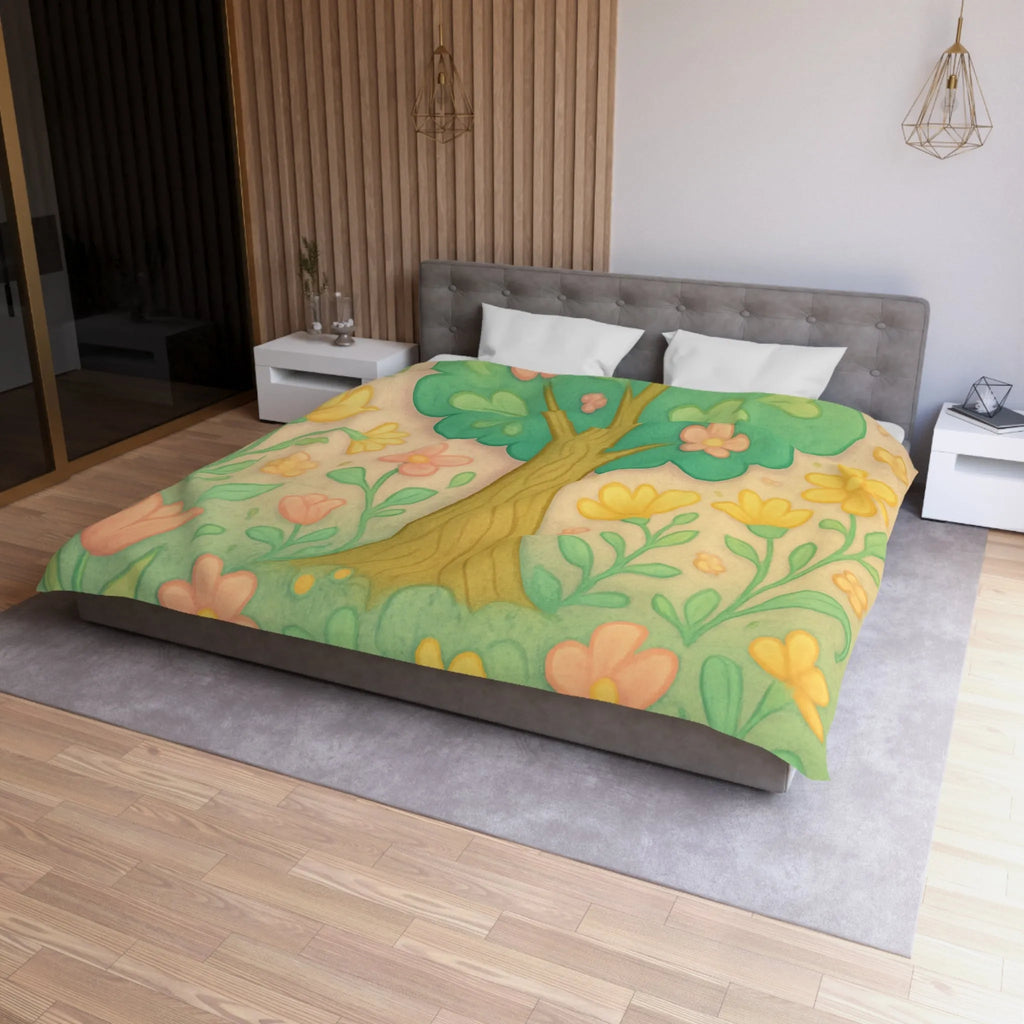 Housse de couette illustrée d'arbre fleuri et printemps avec couleurs douces pour chambre