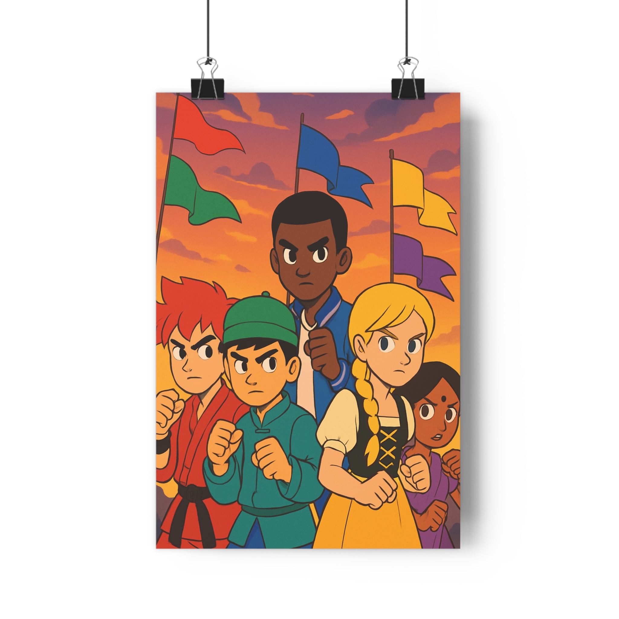 Poster décoratif vibrant multiculturel rouge bleu vert jaune violet aventure salon chambre moderne dynamique